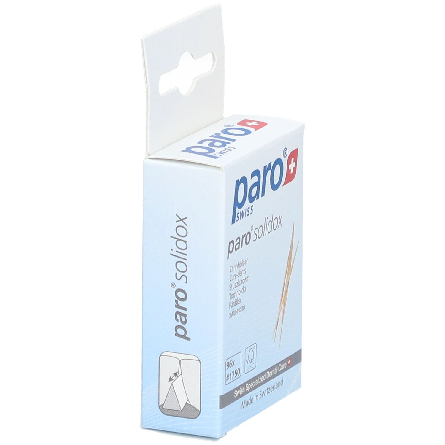 paro® solidox Verpackung, schräg. Weiße Schachtel mit Logo, Produktname und Zahnstochern. 96 Stück.