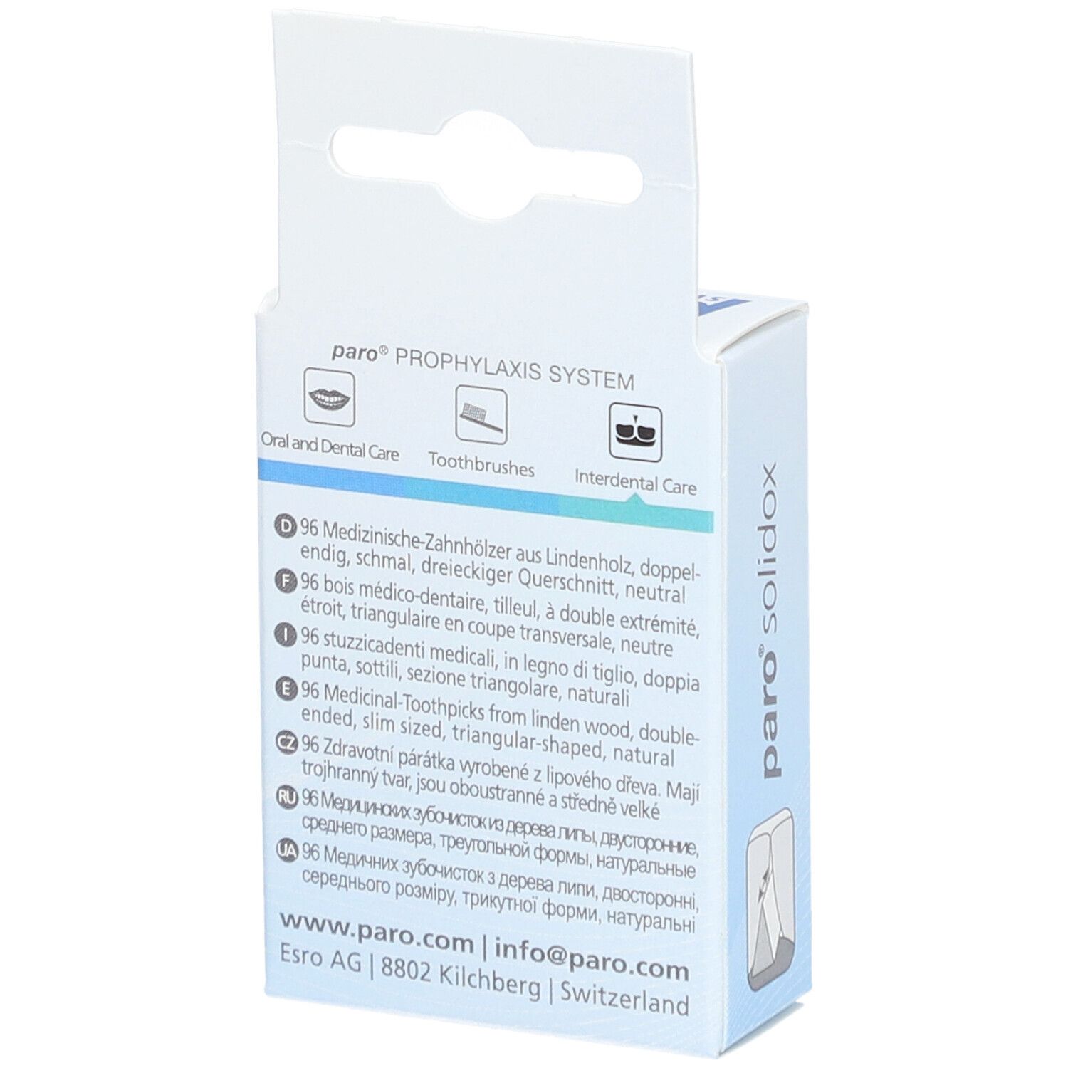 Rückseite der paro® solidox Verpackung. Text in mehreren Sprachen. Informationen zu Zahnstochern.