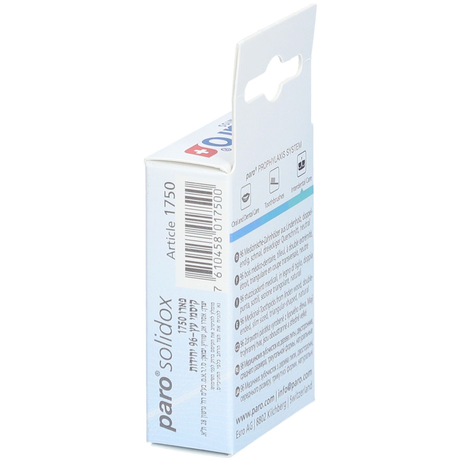 Seite der paro® solidox Verpackung. Artikelnummer und Barcode. Informationen zum Hersteller.