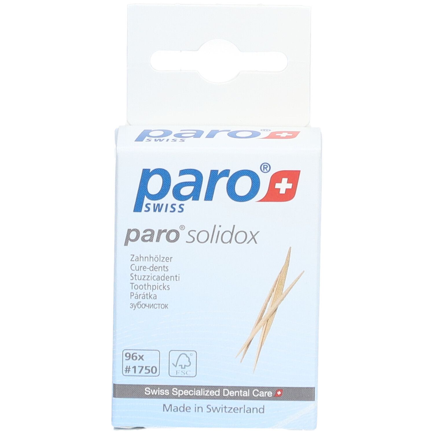 paro® solidox Verpackung. Weiße Schachtel mit Logo, Produktname und Zahnstochern. 96 Stück.