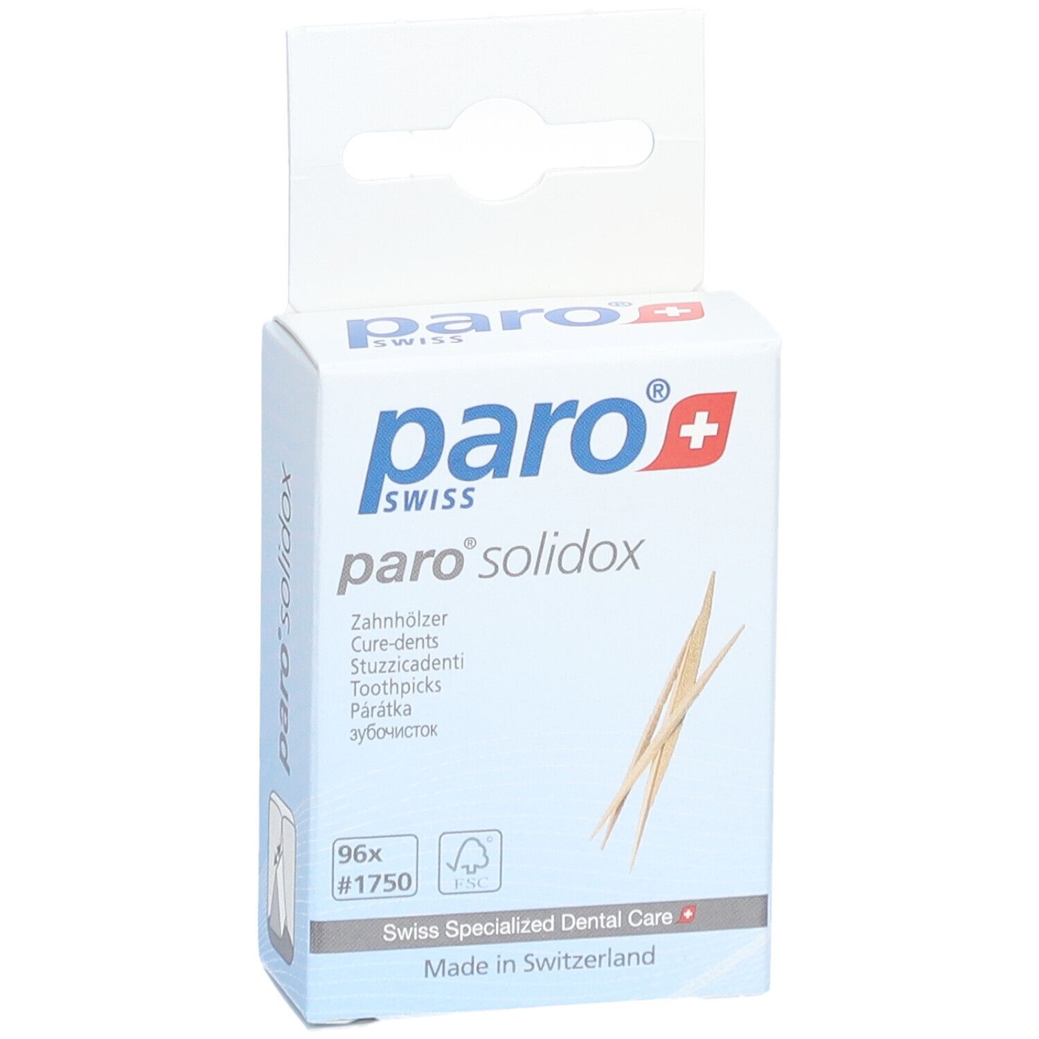 paro® solidox Verpackung. Weiße Schachtel mit Logo, Produktname und Zahnstochern. 96 Stück.