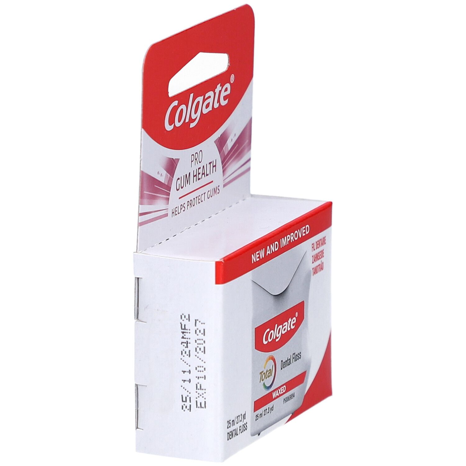 Seitenansicht der Zahnseide-Verpackung. Weißer Karton mit rotem Aufhänger. Colgate-Logo sichtbar.