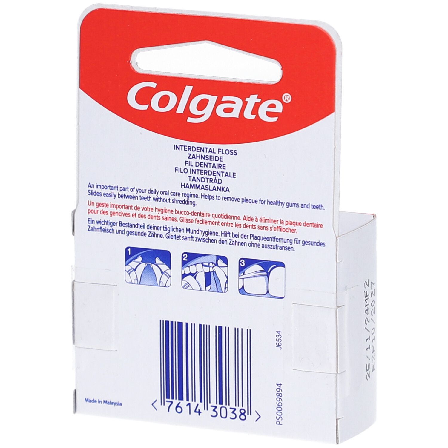 Rückseite der Zahnseide-Verpackung. Mehrsprachiger Text. Colgate-Logo. Grafische Darstellung der Anwendung.