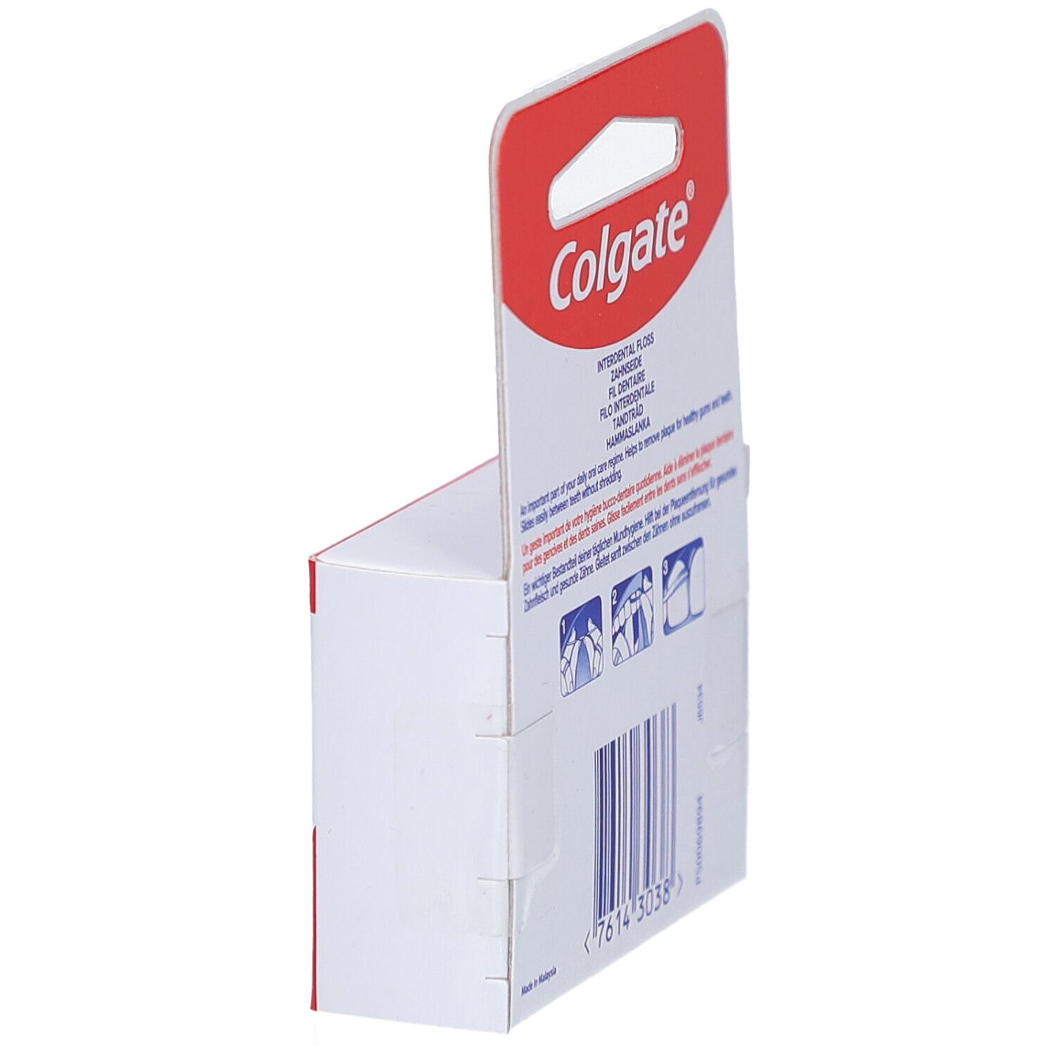Seitenansicht der Zahnseide-Verpackung. Weißer Karton mit rotem Aufhänger. Barcode und Anwendungshinweise.