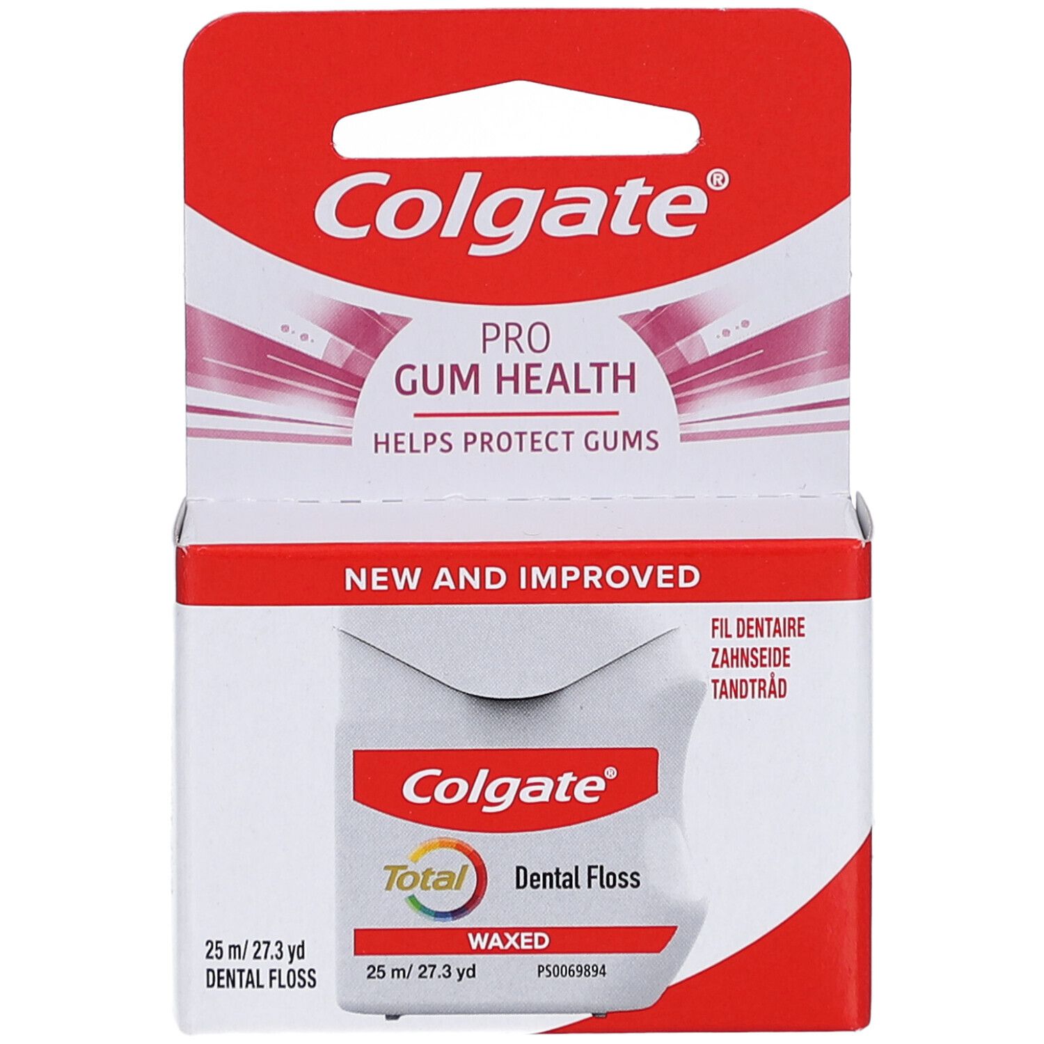 Zahnseide-Verpackung. Vorderansicht. Weißer Karton mit rotem Aufhänger. Colgate-Logo und Produktbezeichnung.