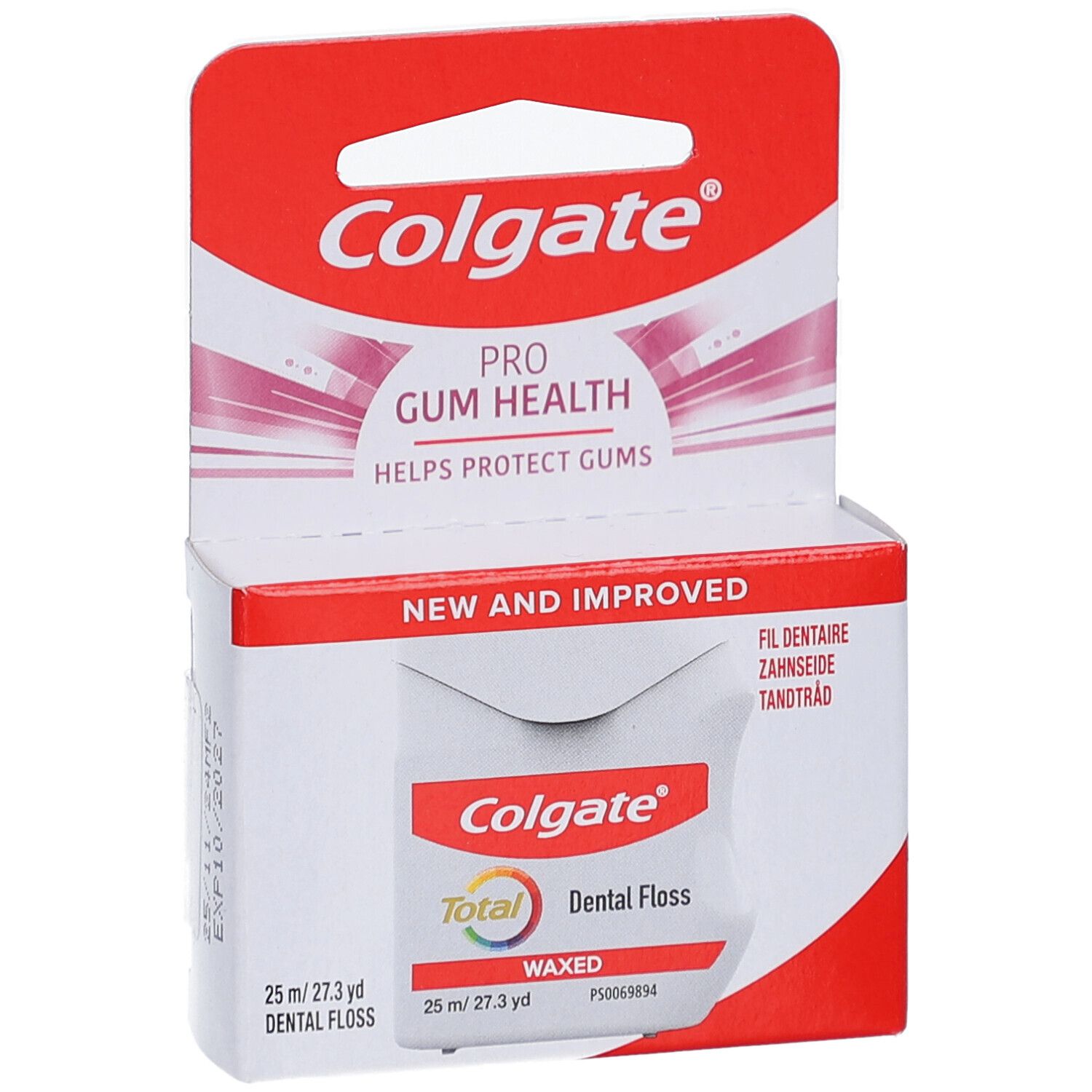 Zahnseide-Verpackung. Weißer Karton mit rotem Aufhänger. Colgate-Logo und Produktbezeichnung "Dental Floss Waxed".