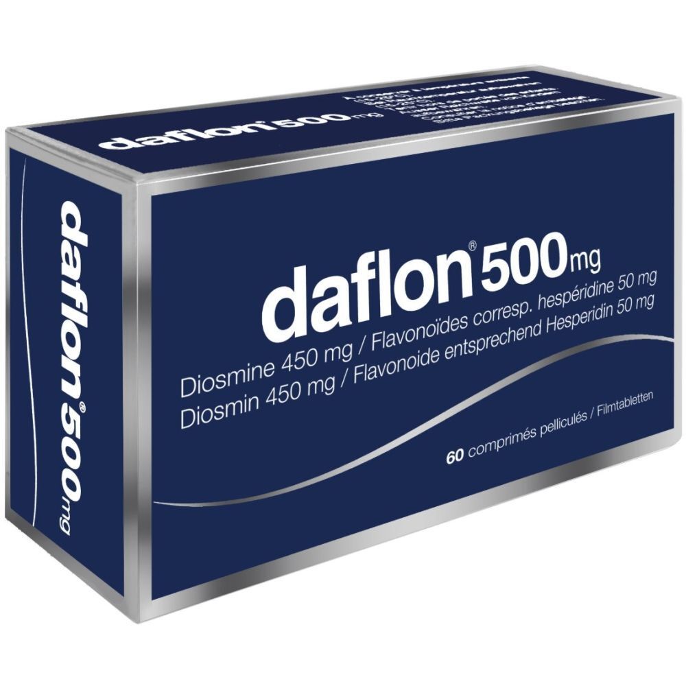 Boîte bleu foncé avec cadre argenté. Inscription "daflon 500mg". Contient 60 comprimés pelliculés. Informations sur les ingrédients.