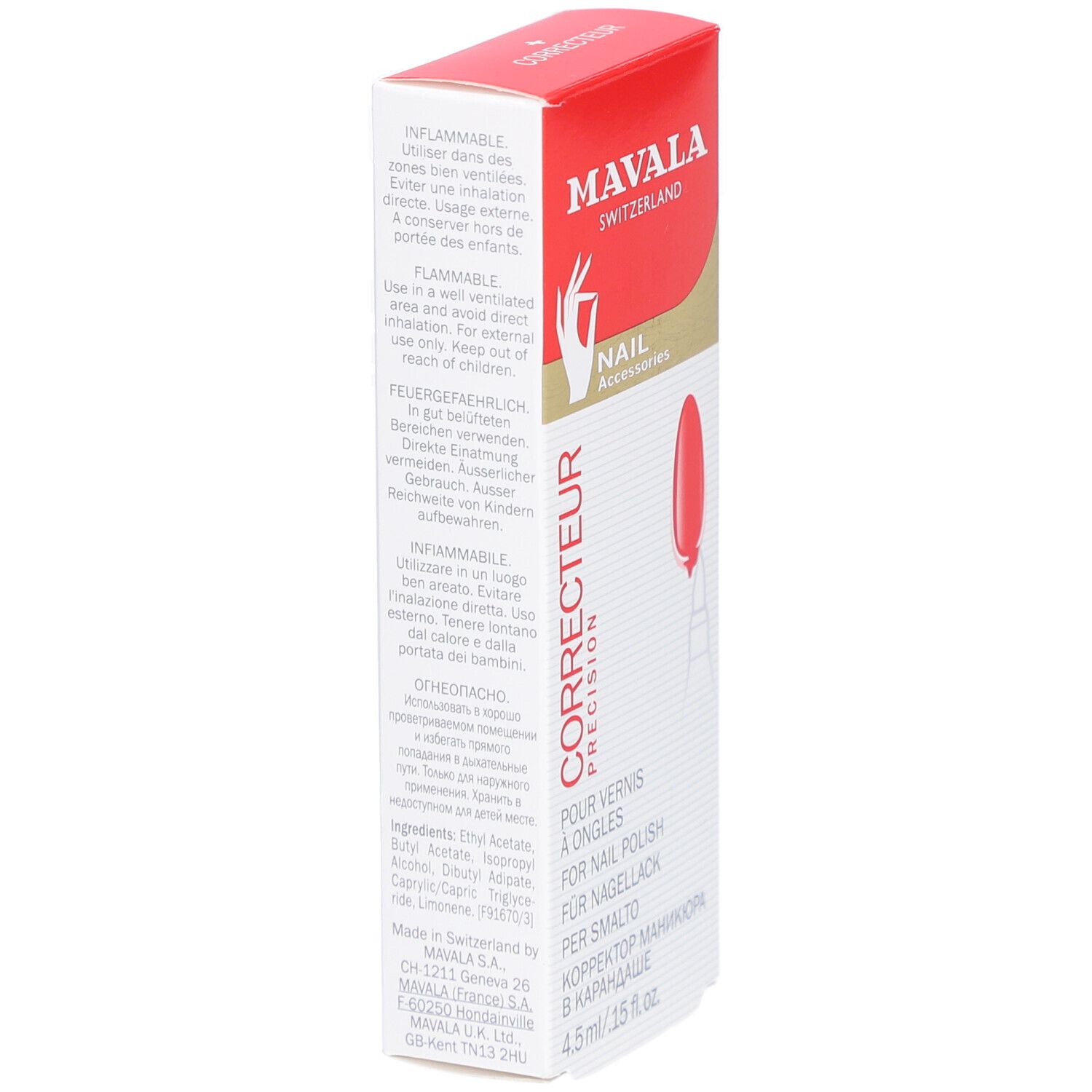 Verpackung mit Warnhinweisen und Inhaltsstoffen. Rote und weiße Schachtel mit Text. Enthält 4,5 ml.