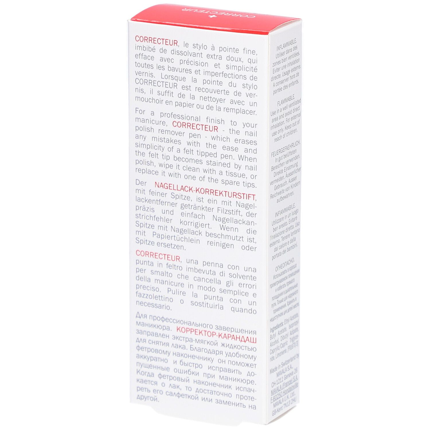 Text auf der Verpackung. Beschreibung des Korrekturstifts. Rote und weiße Schachtel mit Text. Enthält 4,5 ml.