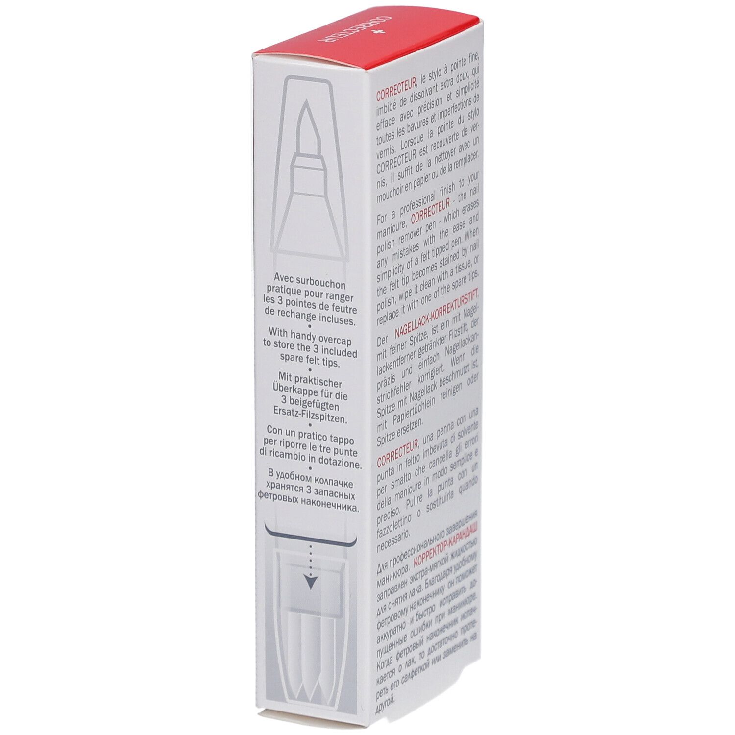 Verpackung mit Ersatzspitzen. Rote und weiße Schachtel mit Text. Enthält 4,5 ml.
