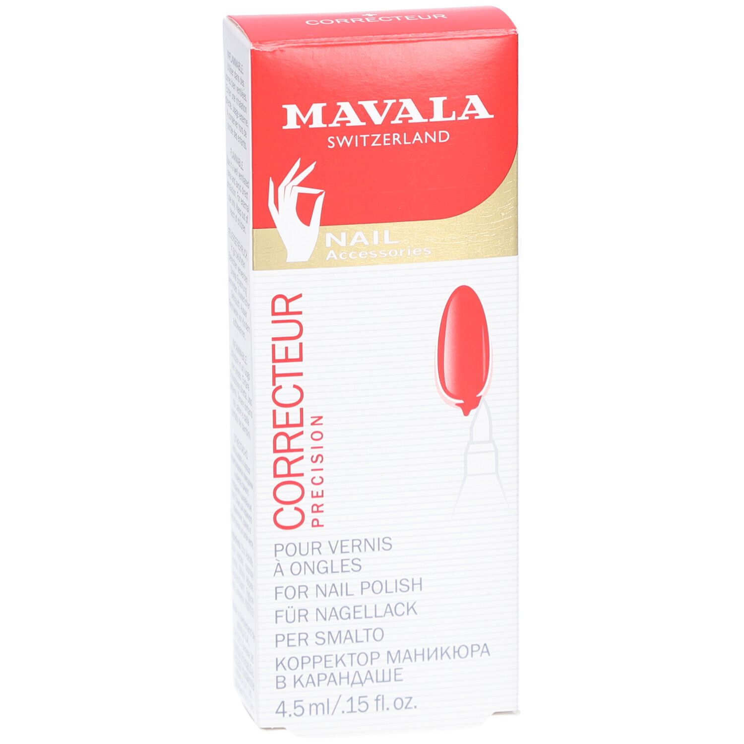 Korrekturstift-Verpackung. Rote und weiße Schachtel mit Produktabbildung und Text. Enthält 4,5 ml.