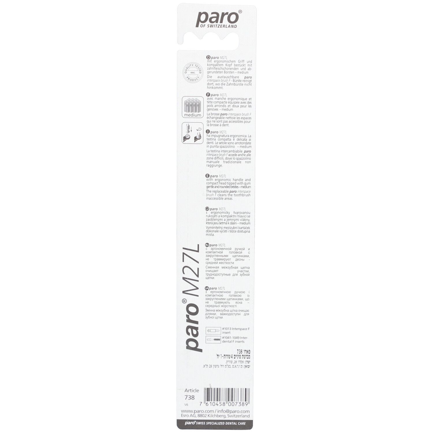 Rückseite der Blisterverpackung mit Produktinformationen und Marke paro M27L.