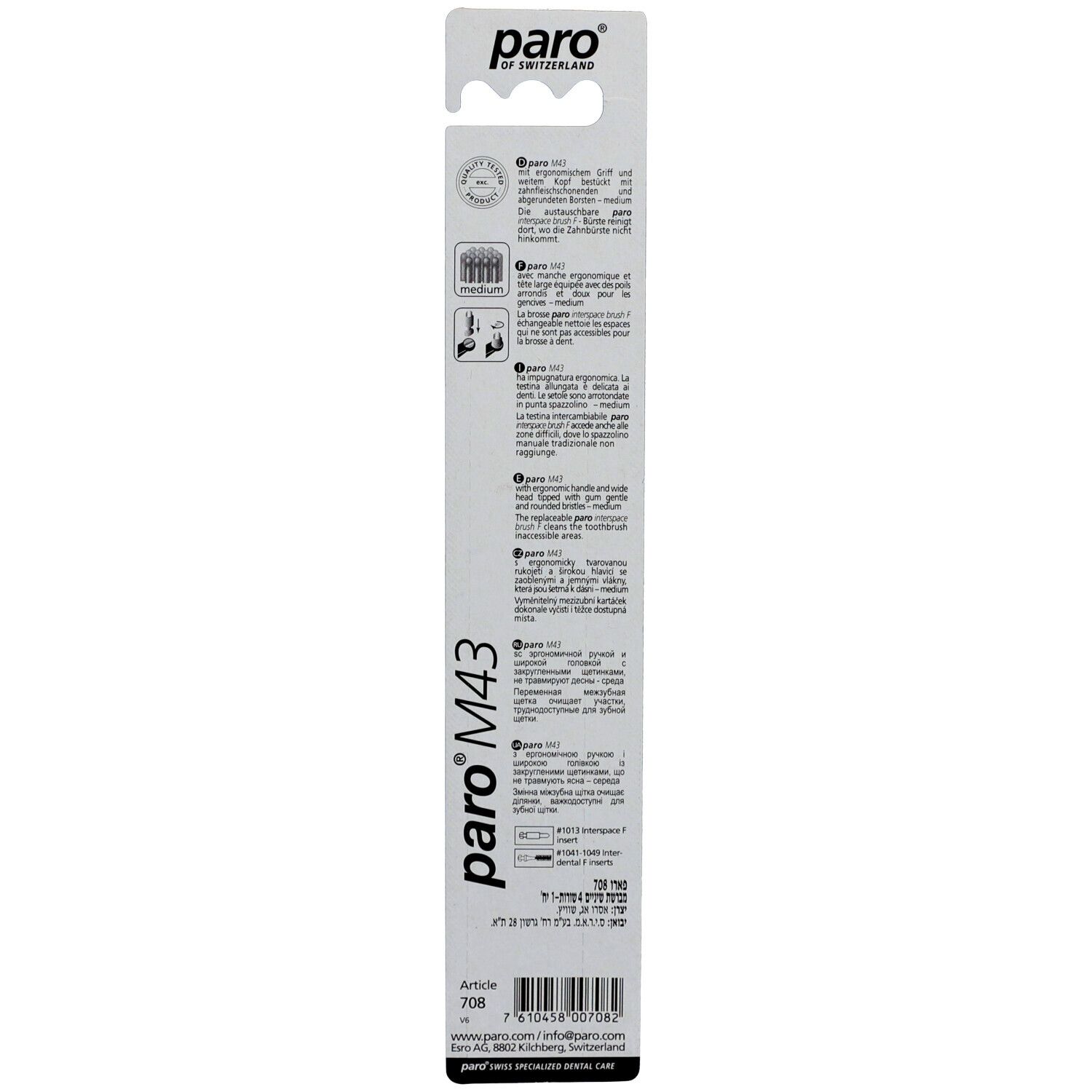 Dos de l'emballage de la brosse à dents. Texte multilingue. Marque paro® M43. Numéro d'article 708.