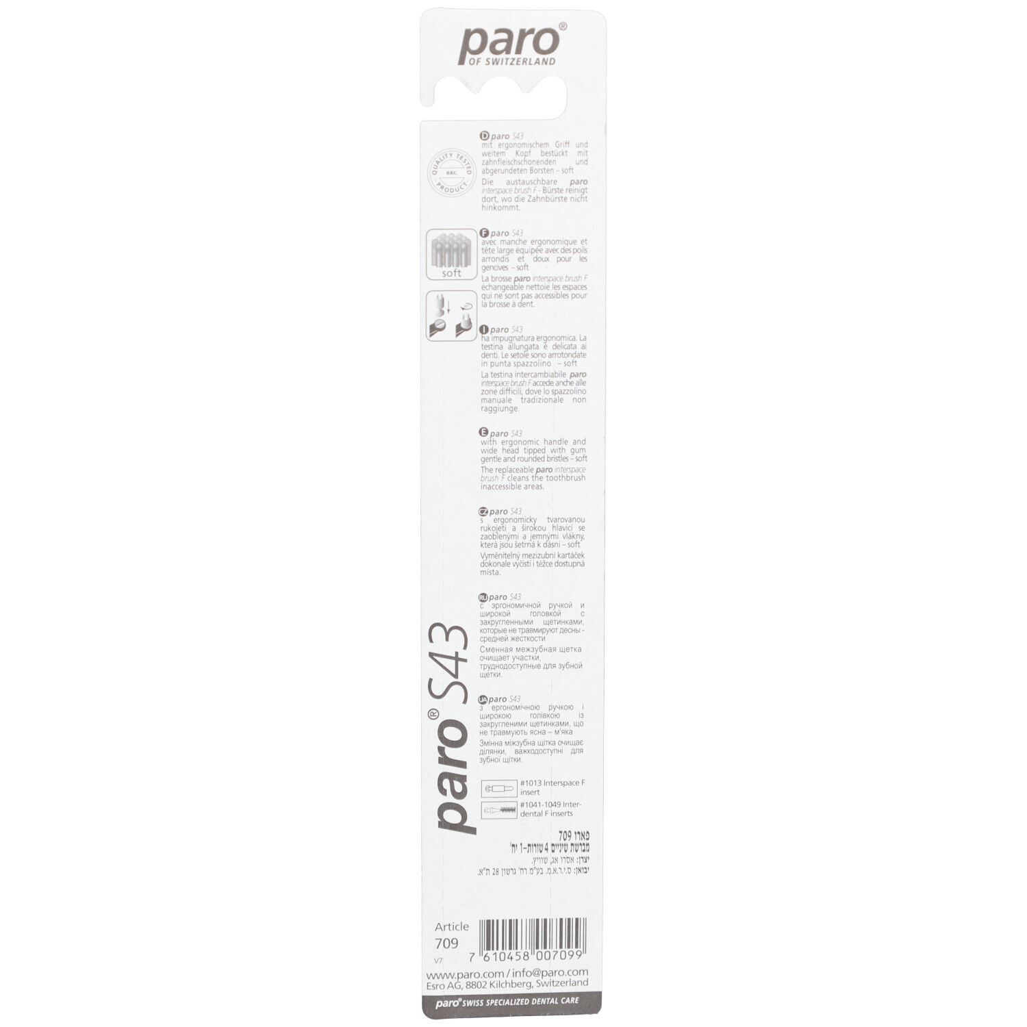 Rückseite der Blisterverpackung der Zahnbürste paro S43. Text und Logos auf weißem Hintergrund.