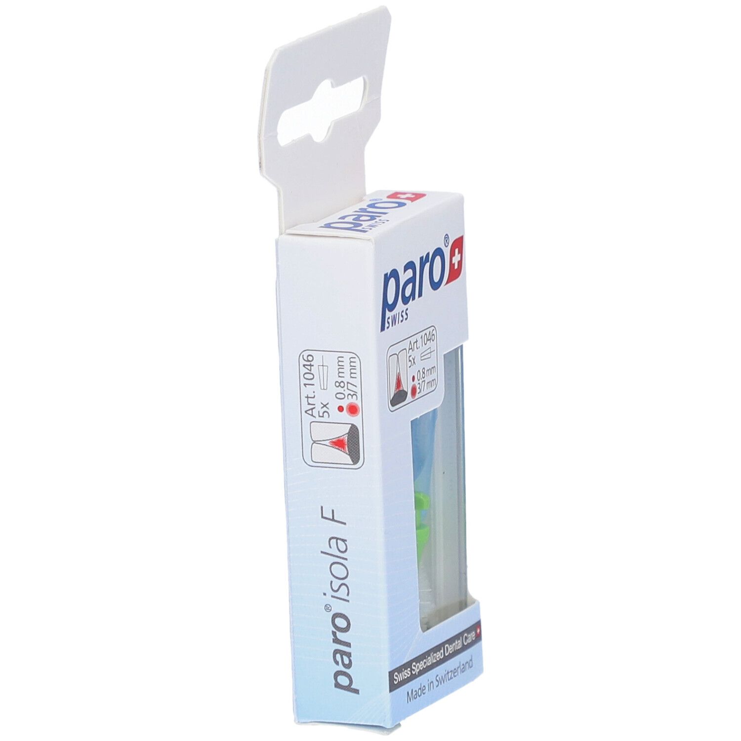 Seitenansicht der Verpackung. Aufschrift: paro isola F, paro swiss. Enthält Interdentalbürsten.