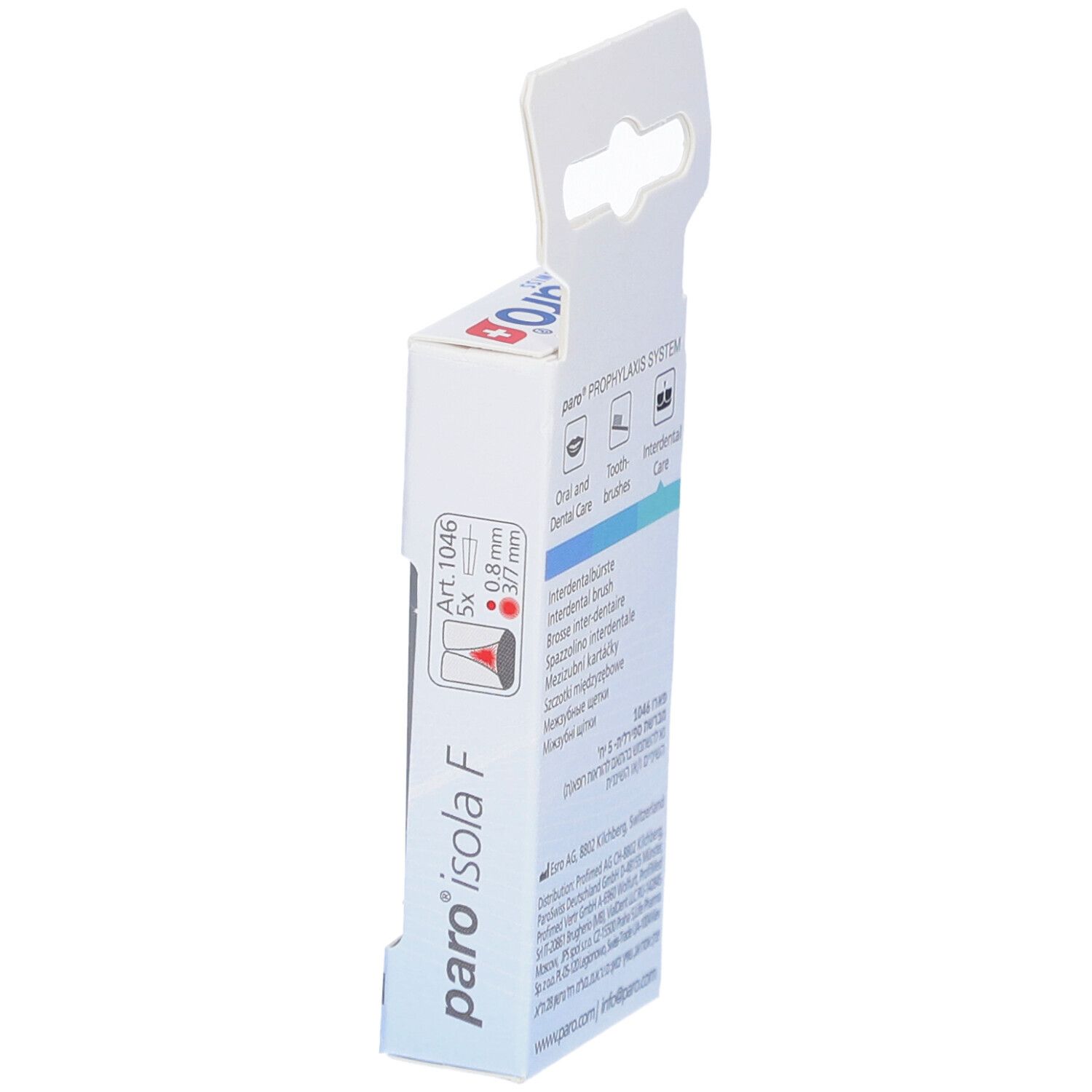 Seitenansicht der Verpackung. Aufschrift: paro isola F, paro swiss. Enthält Interdentalbürsten.