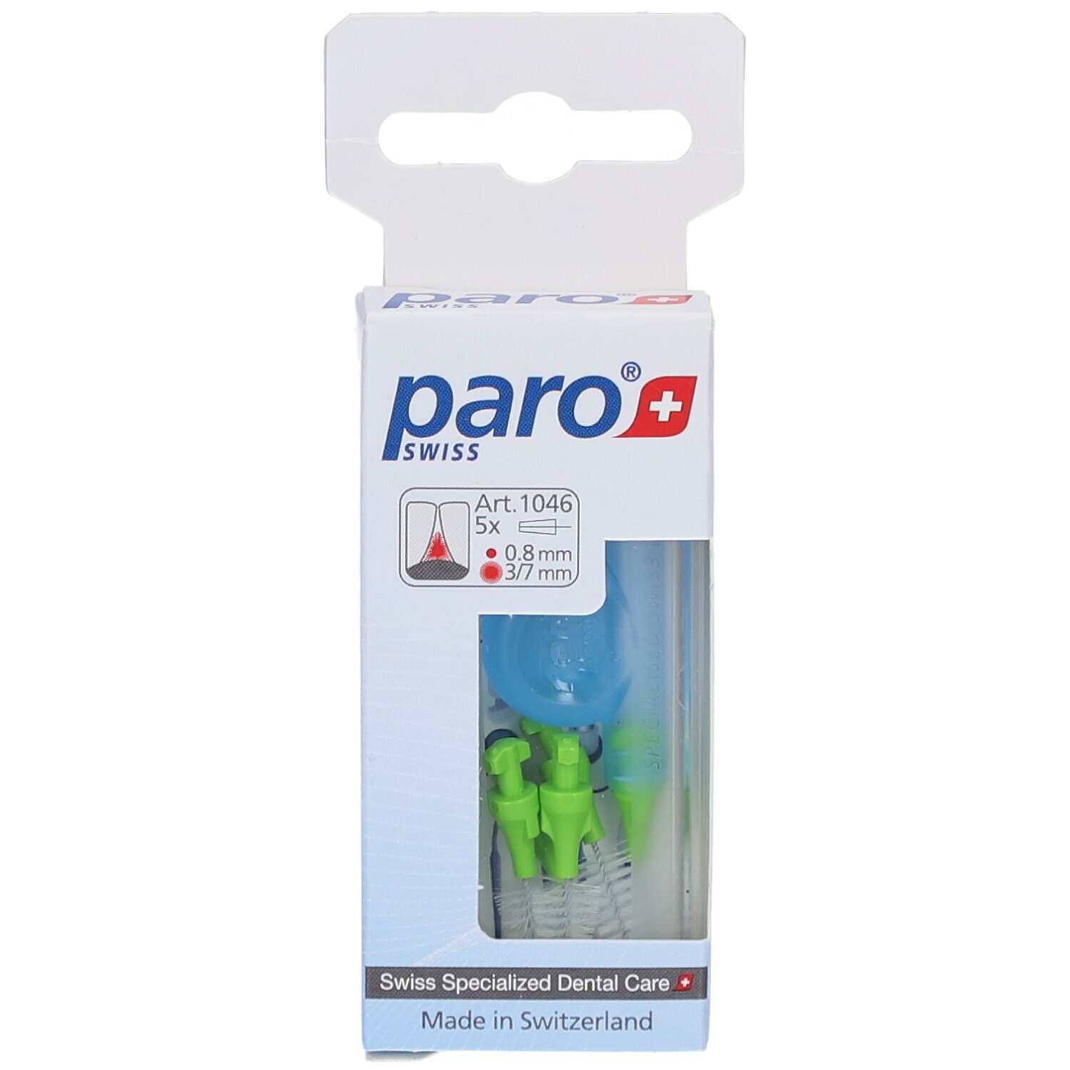 Verpackung mit Interdentalbürsten. Hellgrüne Bürstenköpfe, blaue Halterung. Aufschrift: paro swiss.