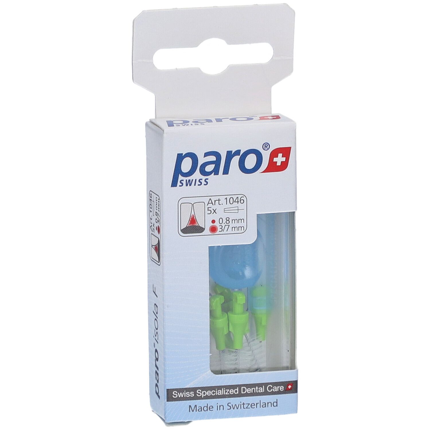 Verpackung mit Interdentalbürsten. Hellgrüne Bürstenköpfe, blaue Halterung. Aufschrift: paro swiss.