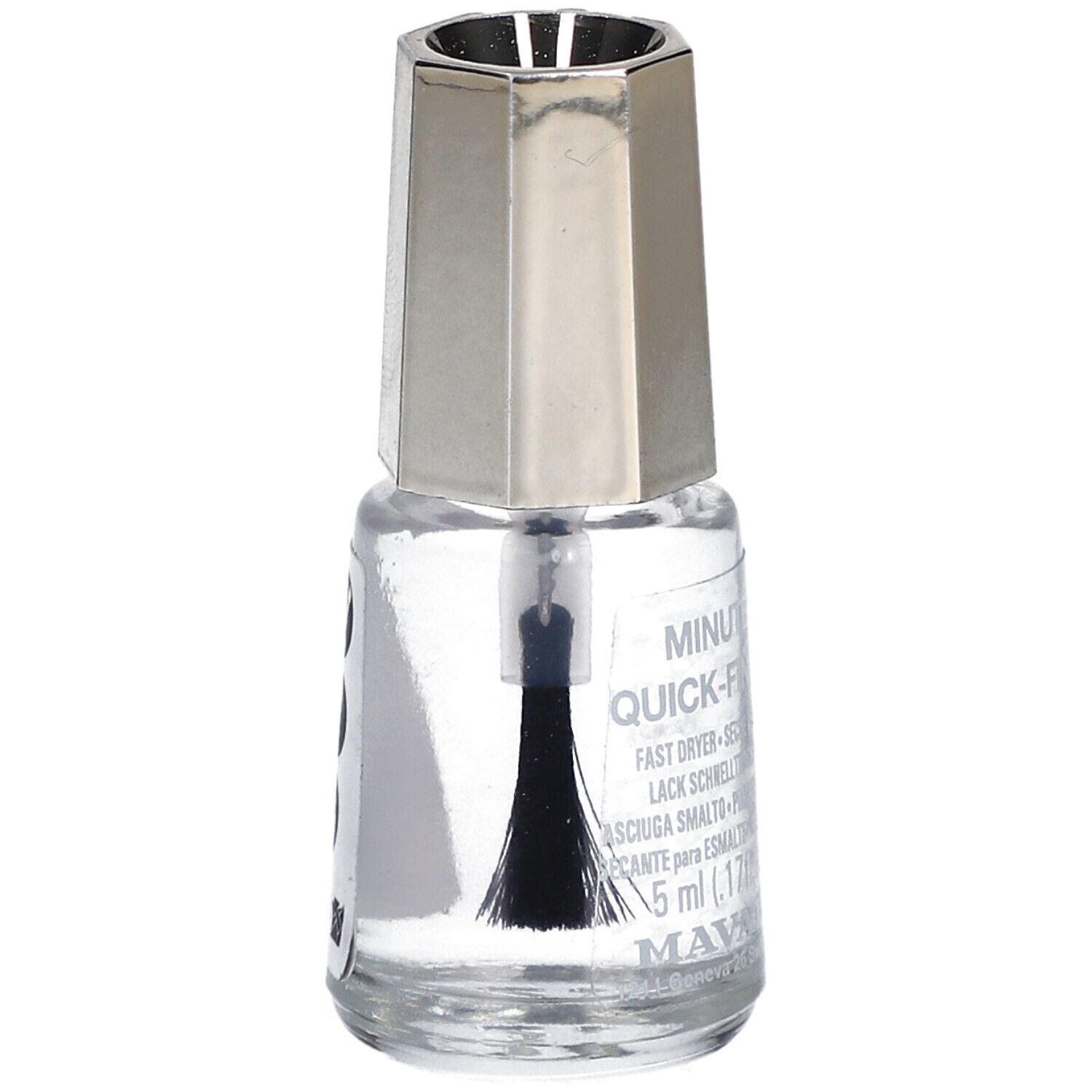 Nagellackflasche mit silberfarbenem Deckel. Klarer Lack mit Pinsel. Aufschrift: Minute Quick Finish.