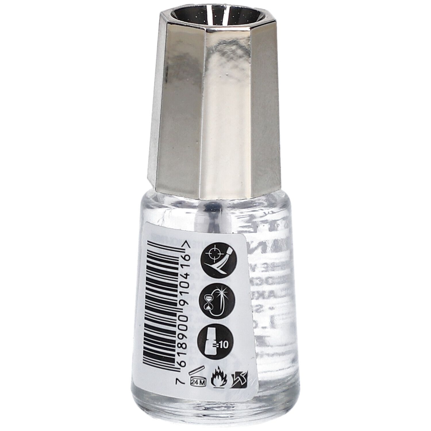 Nagellackflasche mit silberfarbenem Deckel. Klarer Lack mit Pinsel. Barcode und Piktogramme auf dem Etikett.