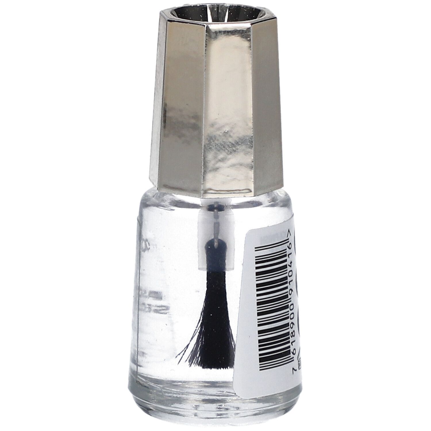 Nagellackflasche mit silberfarbenem Deckel. Klarer Lack mit Pinsel. Barcode auf dem Etikett.