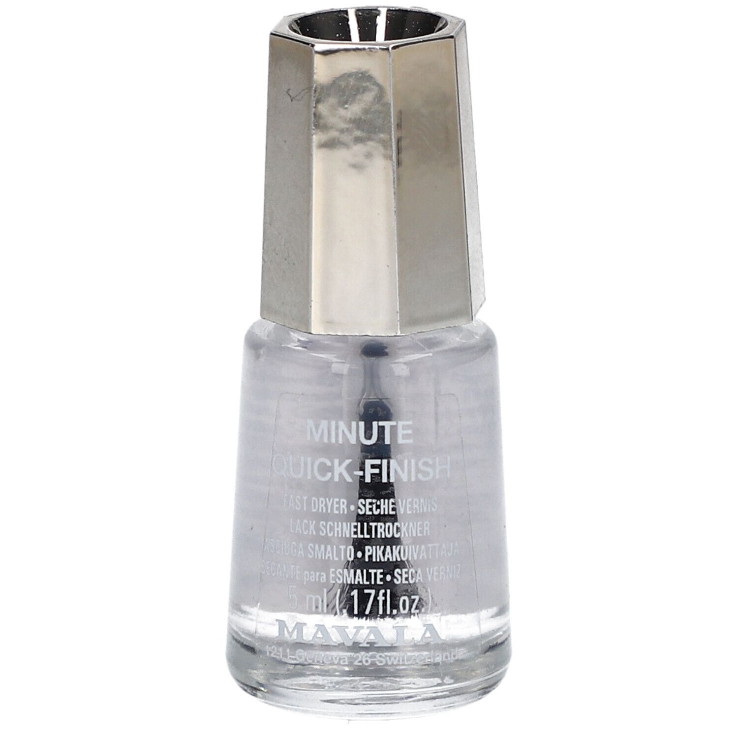 Nagellackflasche mit silberfarbenem Deckel. Klarer Lack mit Pinsel. Aufschrift: Minute Quick Finish.
