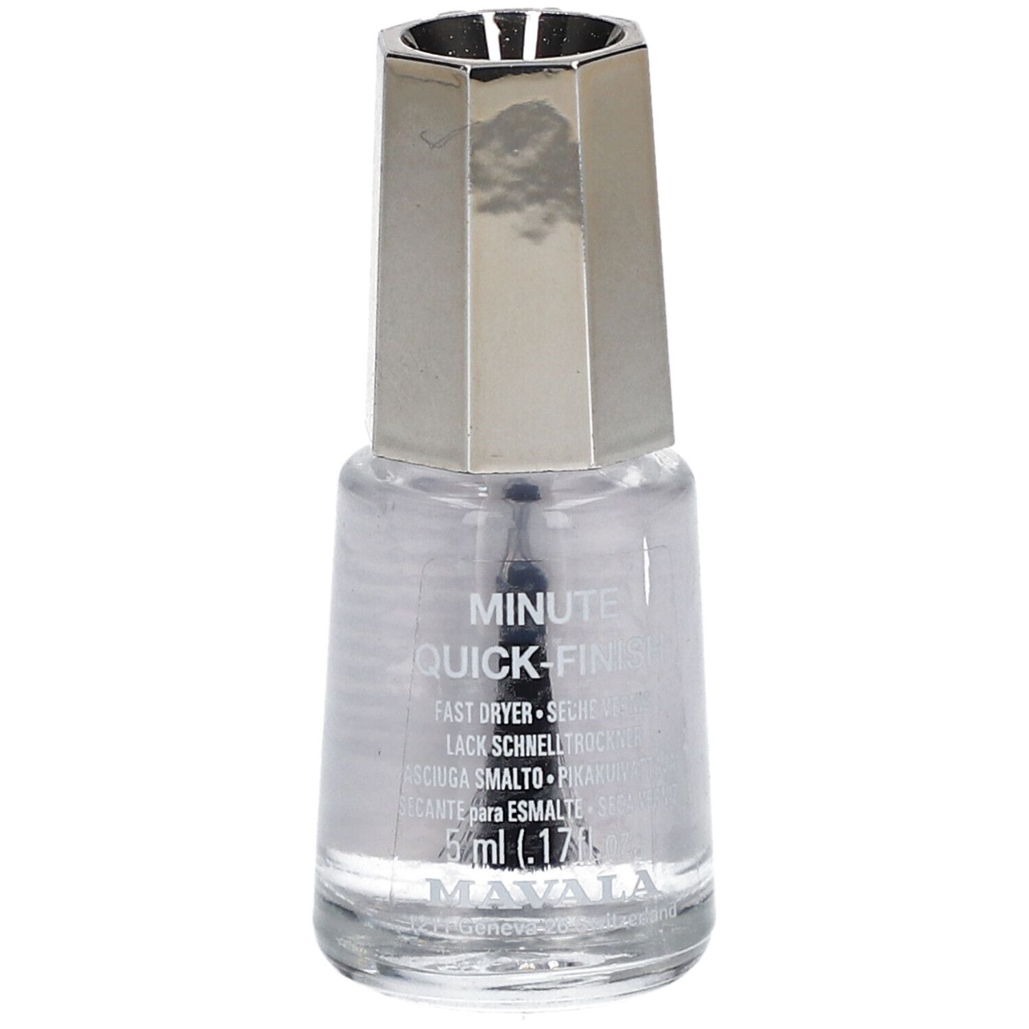 Nagellackflasche mit silberfarbenem Deckel. Klarer Lack mit Pinsel. Aufschrift: Minute Quick Finish.