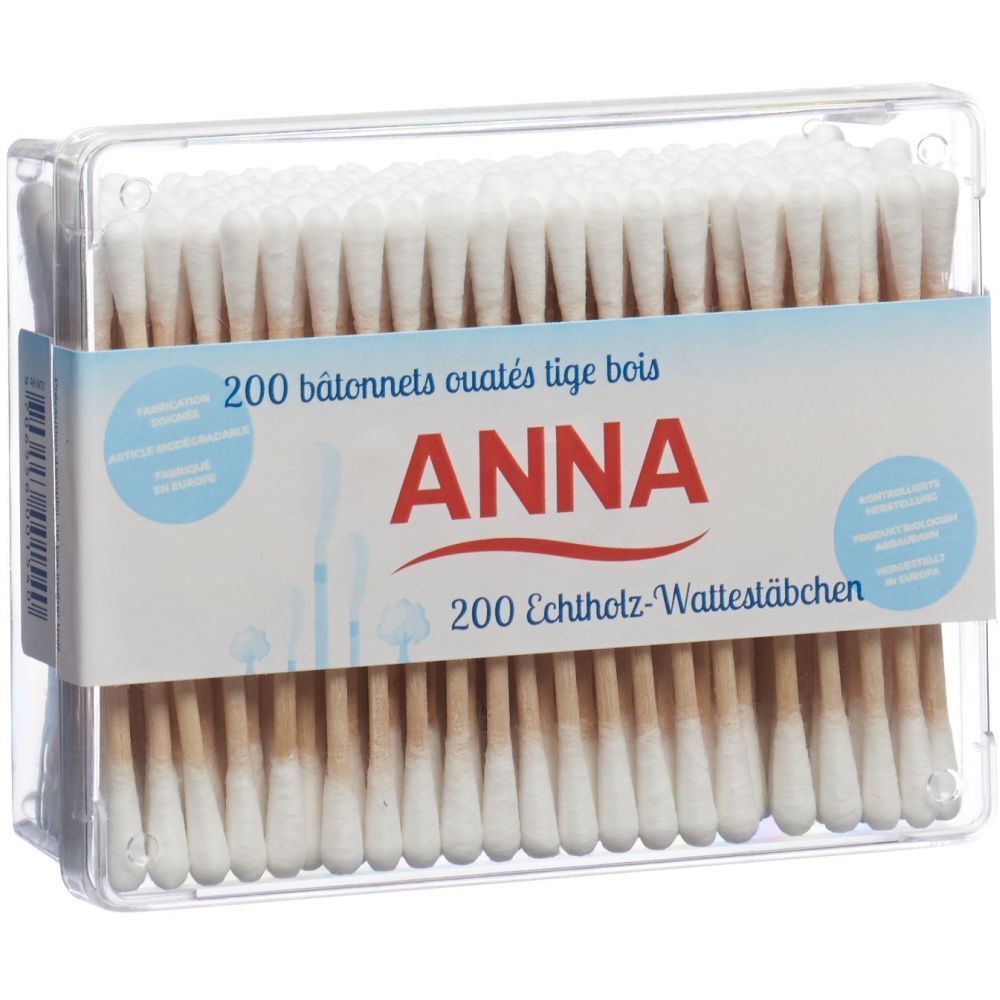 Boîte transparente avec cotons-tiges ANNA. Inscription: 200 bâtonnets ouatés tige bois. Emballage avec bande bleue.