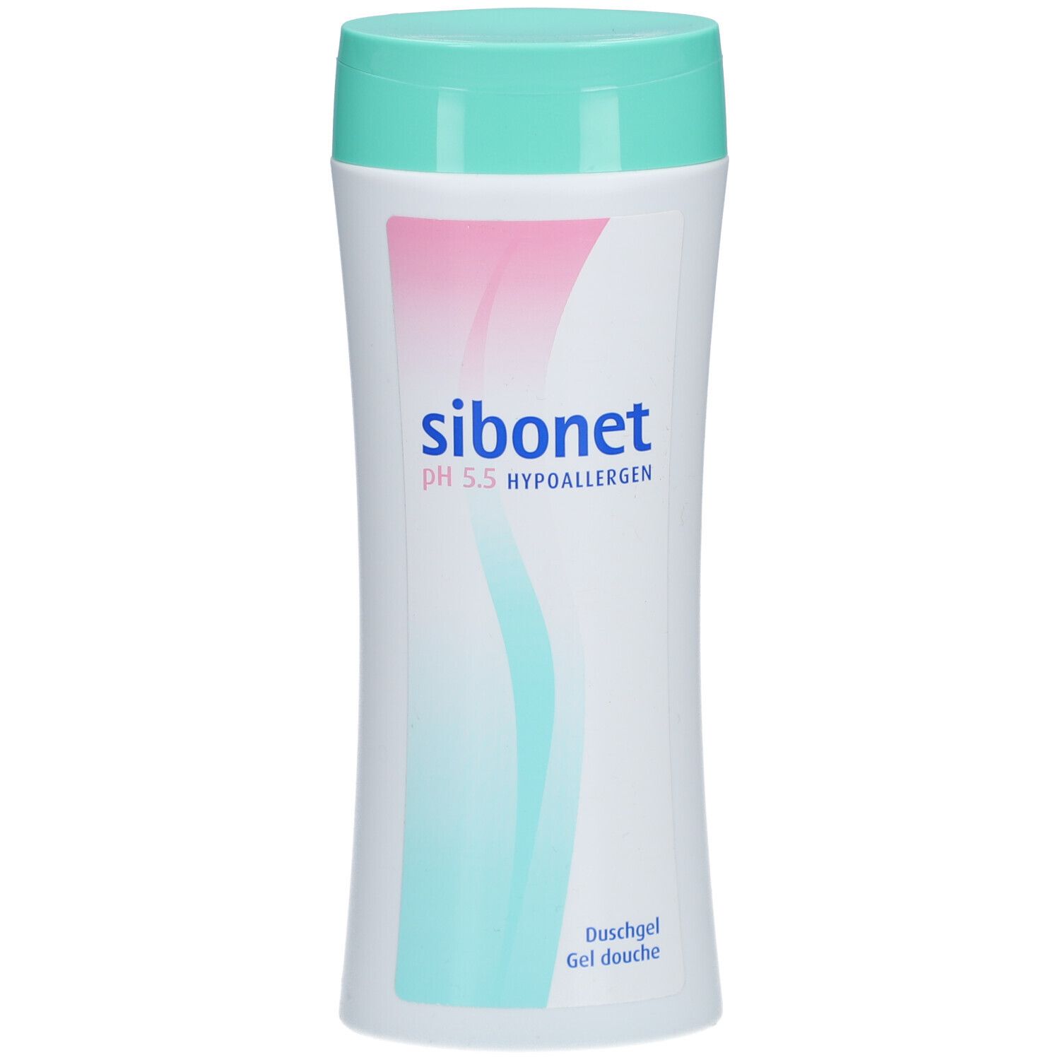 Weiß-türkisfarbene Flasche mit "sibonet pH 5.5 HYPOALLERGEN". Türkis Deckel. Rosa und türkise Elemente.