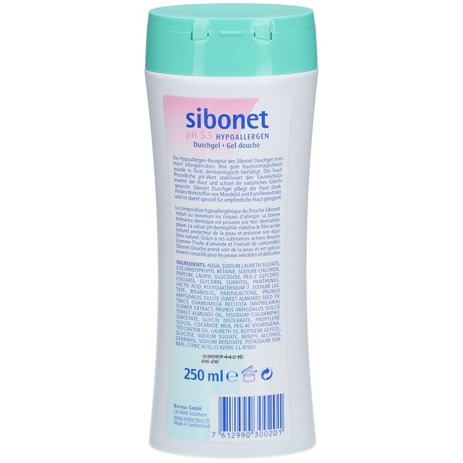 Rückseite der Flasche. Text mit Inhaltsstoffen und Informationen. "sibonet pH 5.5 HYPOALLERGEN". 250 ml.