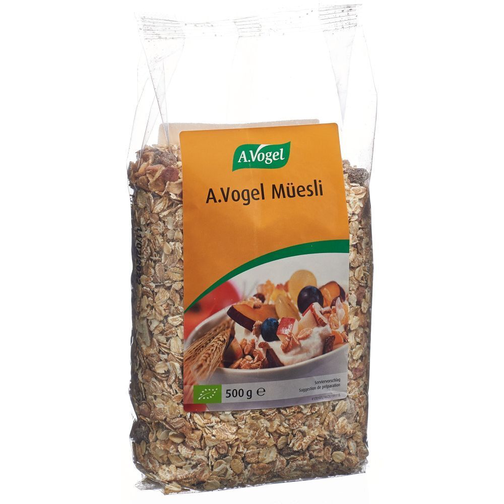 Sachet transparent de muesli A.Vogel. Étiquette orange avec image du produit et logo. Contenu : muesli.
