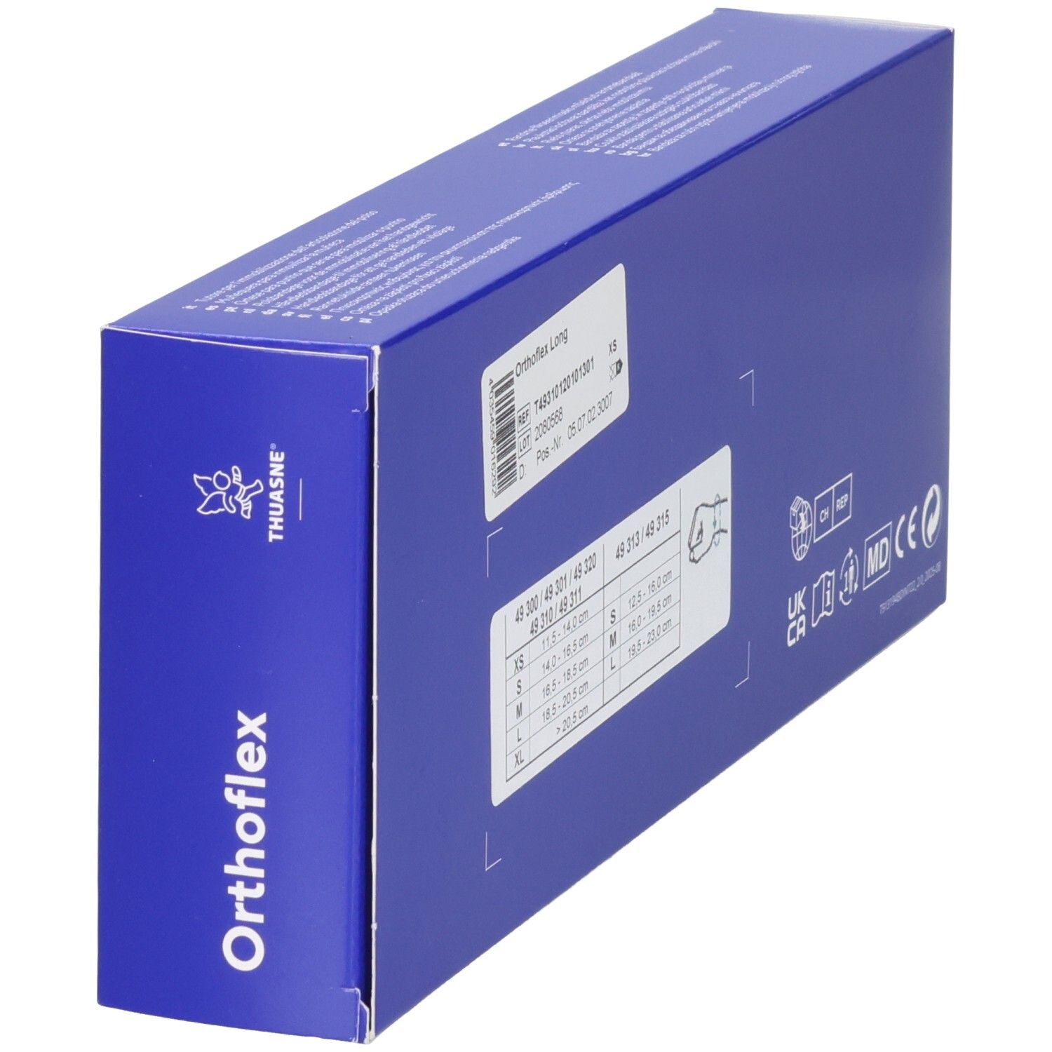 Thuasne Orthoflex Handgelenkbandage zur Ruhigstellung des Handgelenks. Rückseite der blauen Verpackung mit Größentabelle.