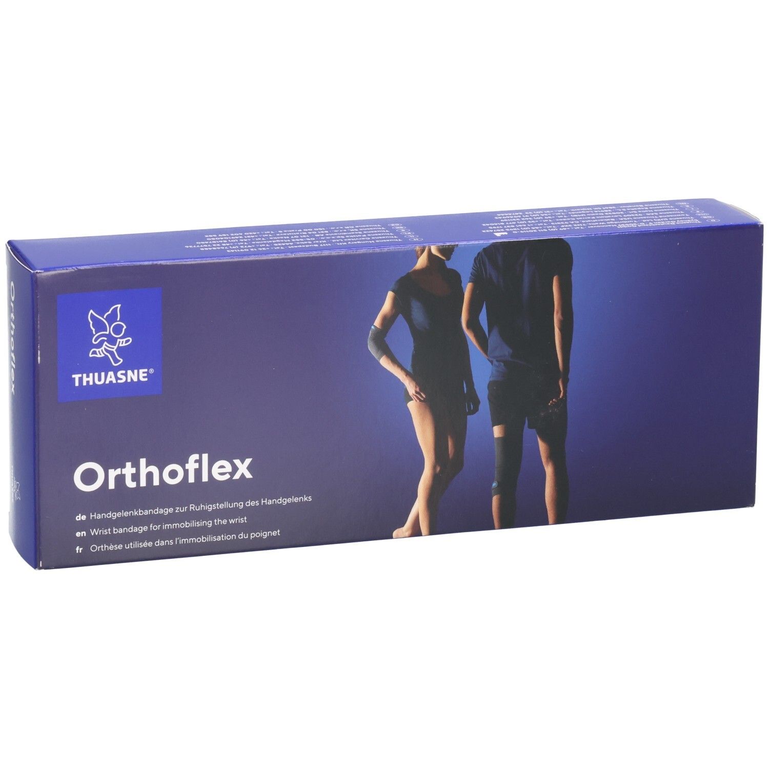 Thuasne Orthoflex Handgelenkbandage zur Ruhigstellung des Handgelenks. Blaue Verpackung mit Abbildung.