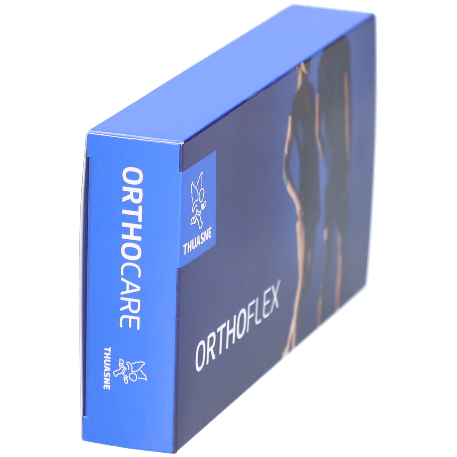 Blaue Schachtel mit Thuasne-Logo, Orthocare und Orthoflex-Schriftzug. Seitenansicht.