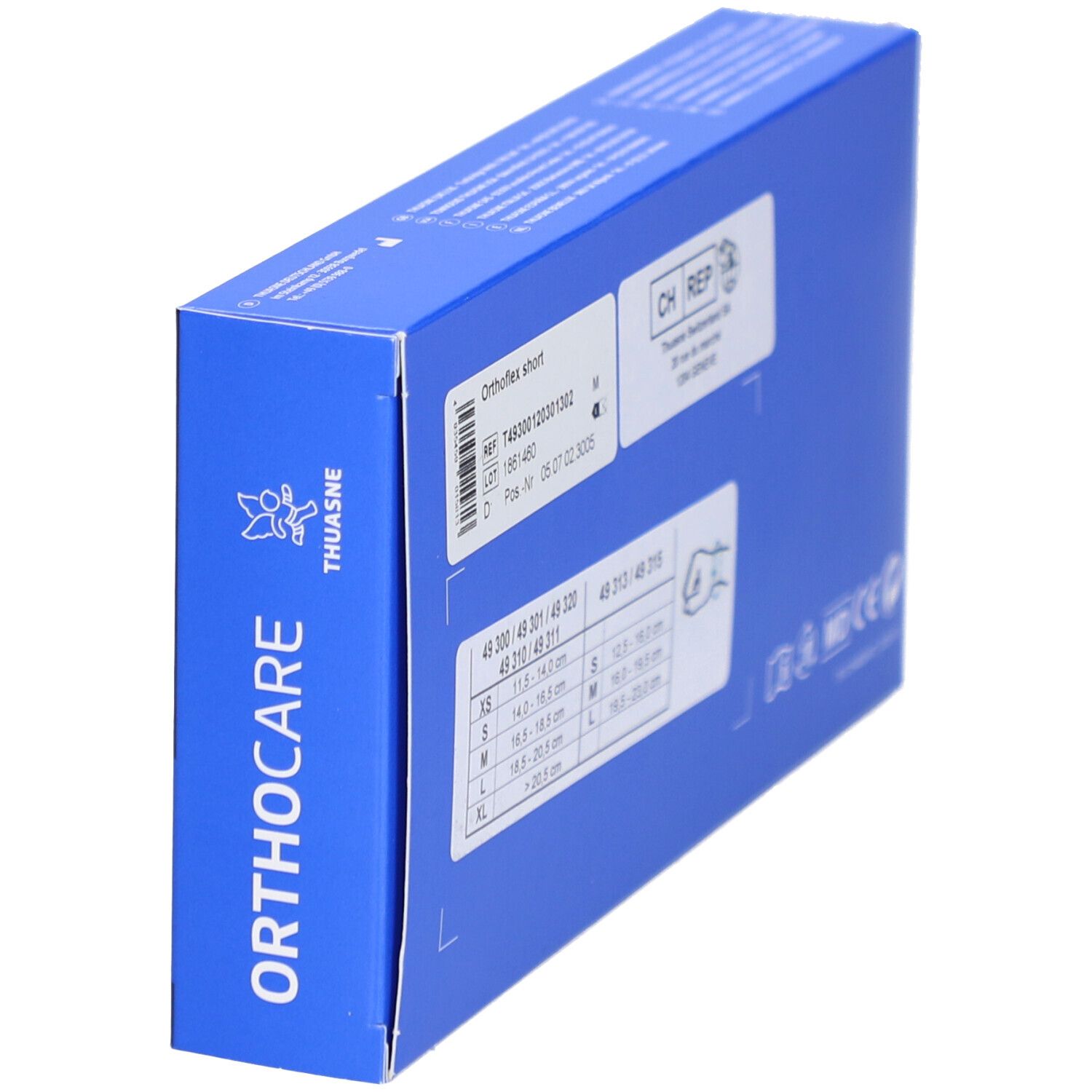 Blaue Schachtel, Seitenansicht, mit Größenangaben und CE-Kennzeichnung. Orthoflex short.