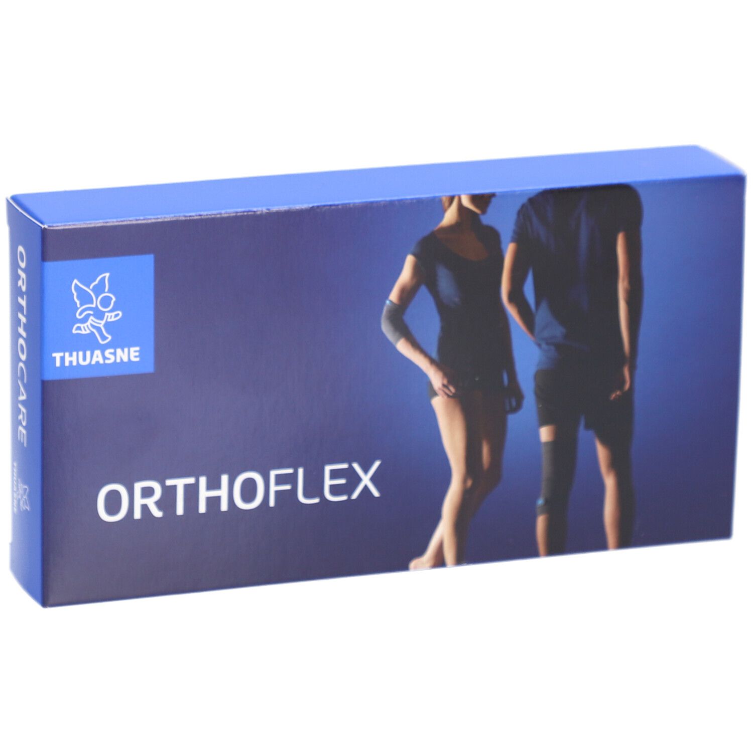 Blaue Schachtel mit Thuasne-Logo, Orthocare und Orthoflex-Schriftzug. Abbildung einer Person.