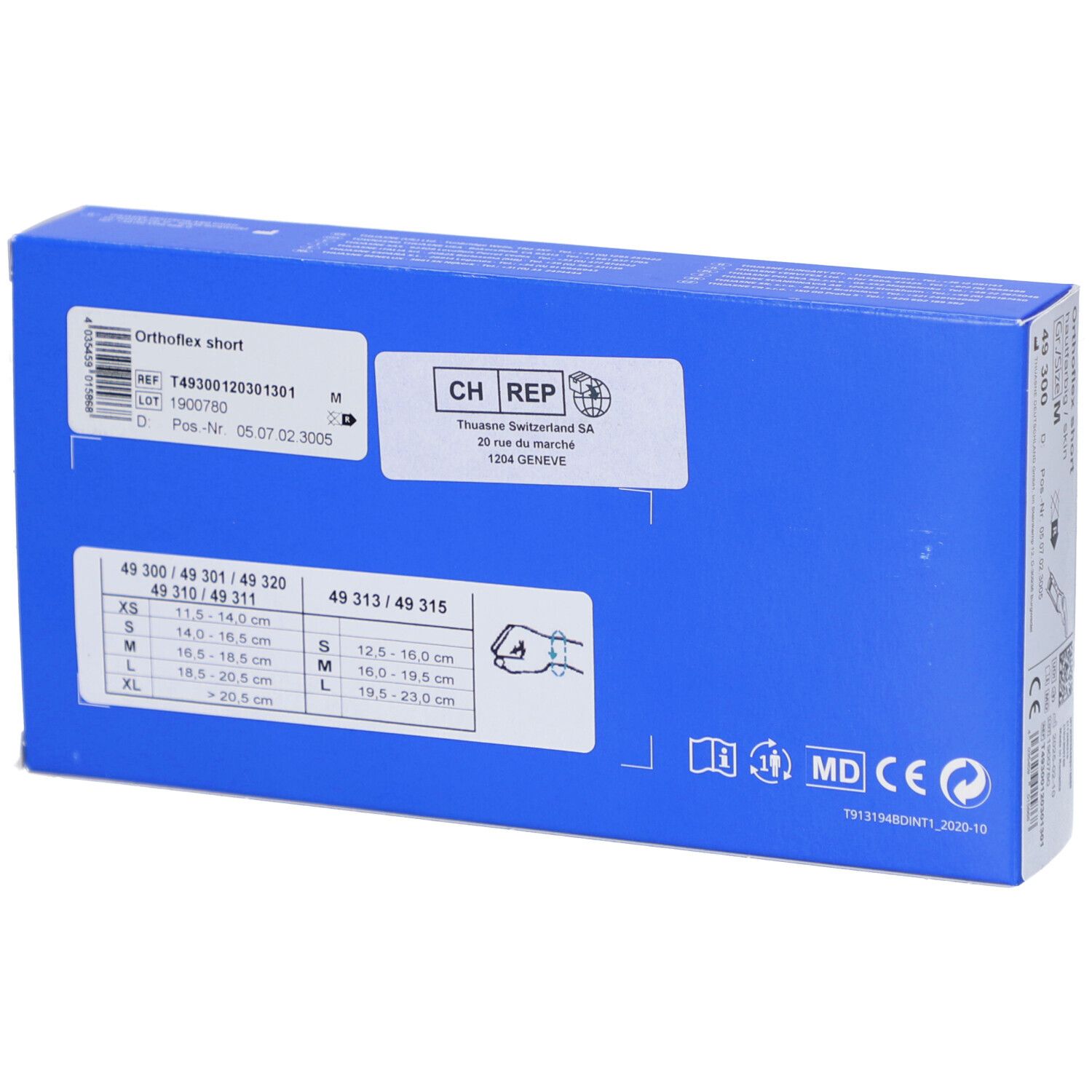Blaue Orthoflex-Verpackung von Thuasne, Rückseite mit Größenangaben.