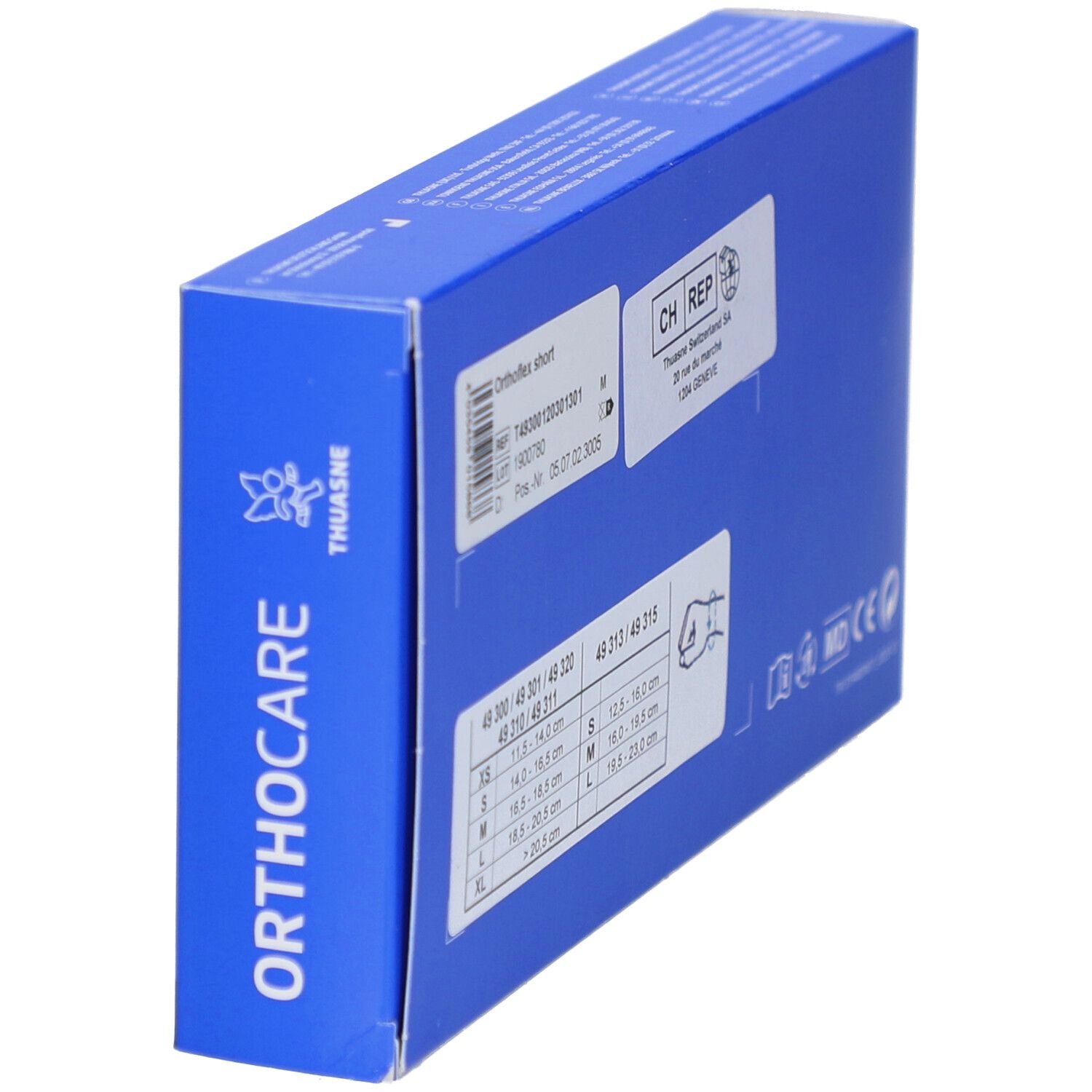 Blaue Orthocare Orthoflex Verpackung von Thuasne, Seitenansicht.