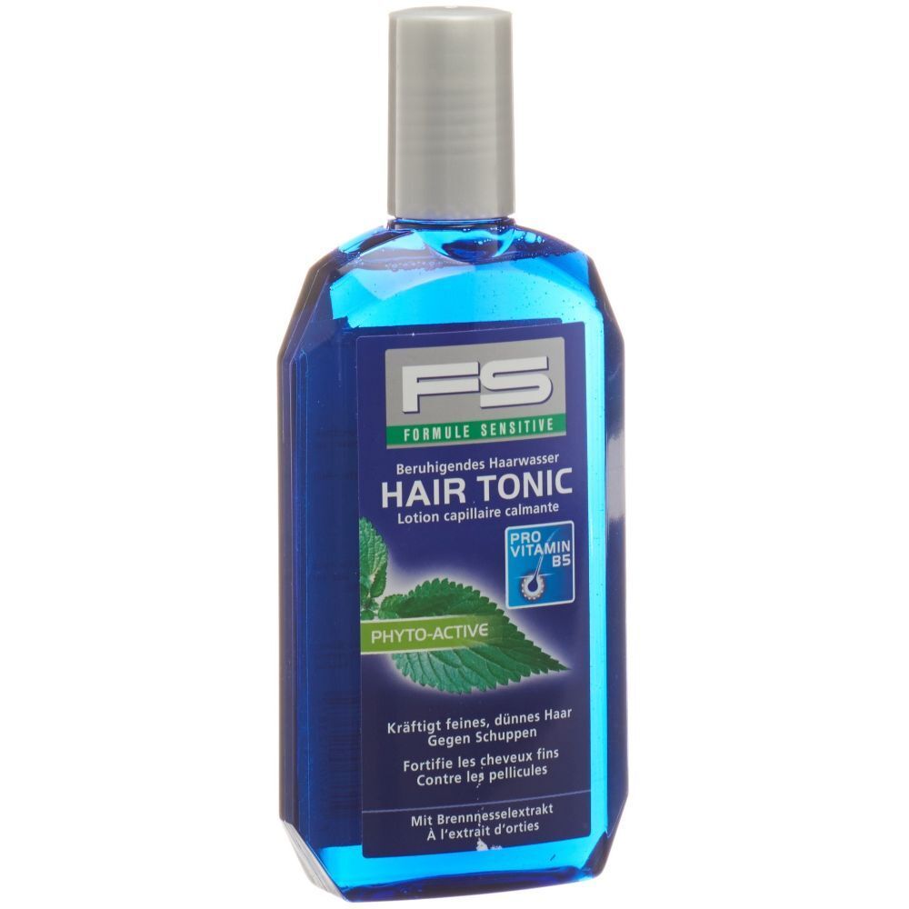 Blaue Flasche mit weißem Deckel. Aufschrift: FS HAIR TONIC. Enthält Pro-Vitamin B5 und Phyto-Active.