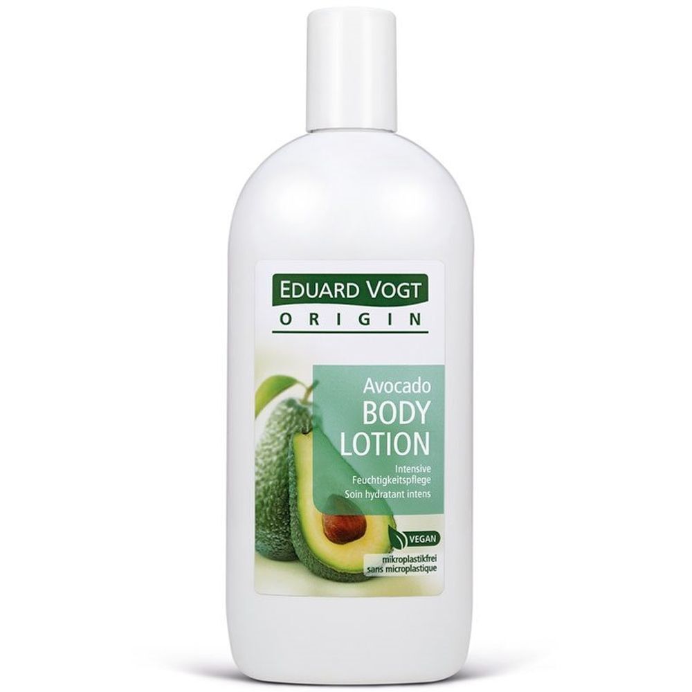 Weiße Flasche mit Avocado-Körperlotion. Aufschrift: EDUARD VOGT ORIGIN, Avocado BODY LOTION. Vegan-Siegel.