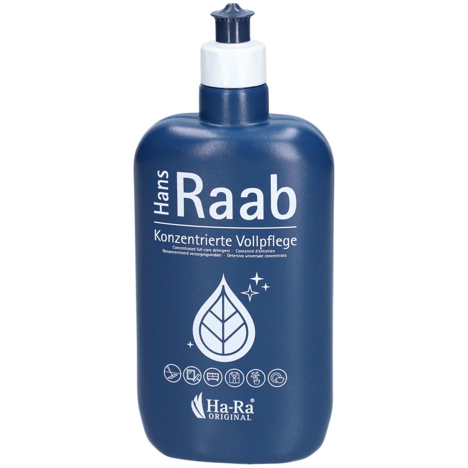 Dunkelblaue Flasche mit weißem Deckel. Aufschrift 'Hans Raab' und 'Ha-Ra Original'.