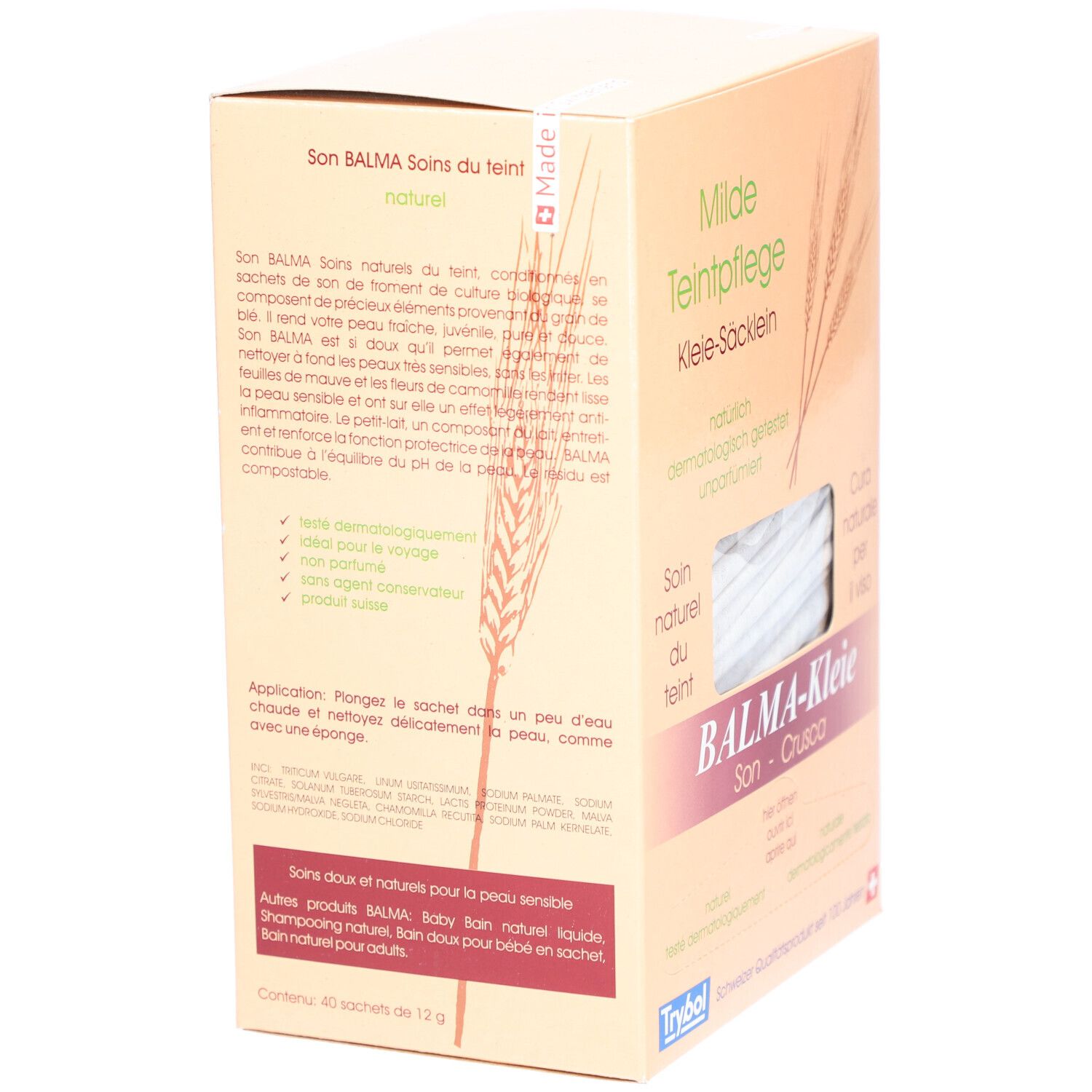 Rückseite der BALMA-Kleie-Verpackung. Text über die Inhaltsstoffe und Anwendung. Enthält 40 Sachets.