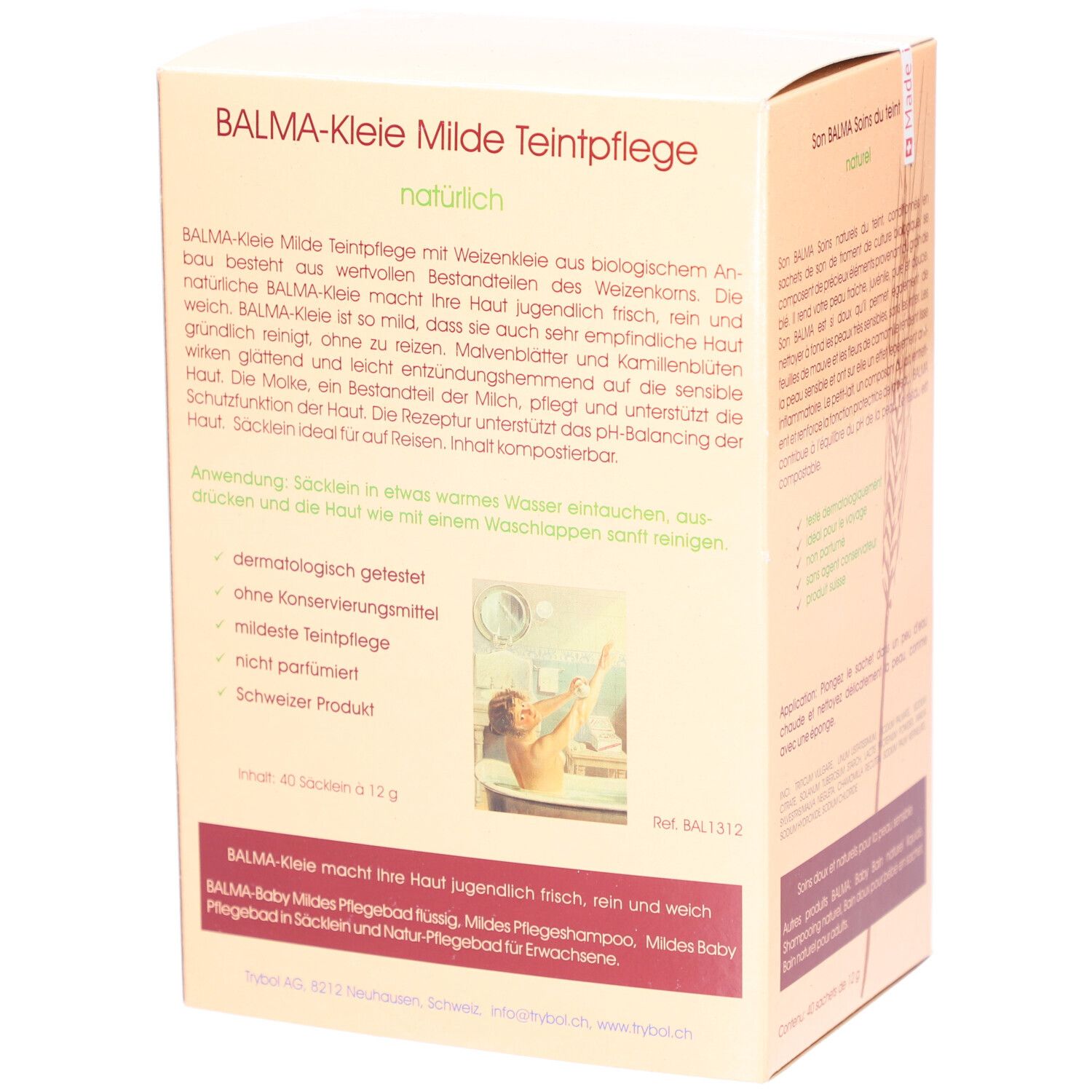 Seitenansicht der BALMA-Kleie-Verpackung. Text über die Inhaltsstoffe und Anwendung. Enthält 40 Sachets.
