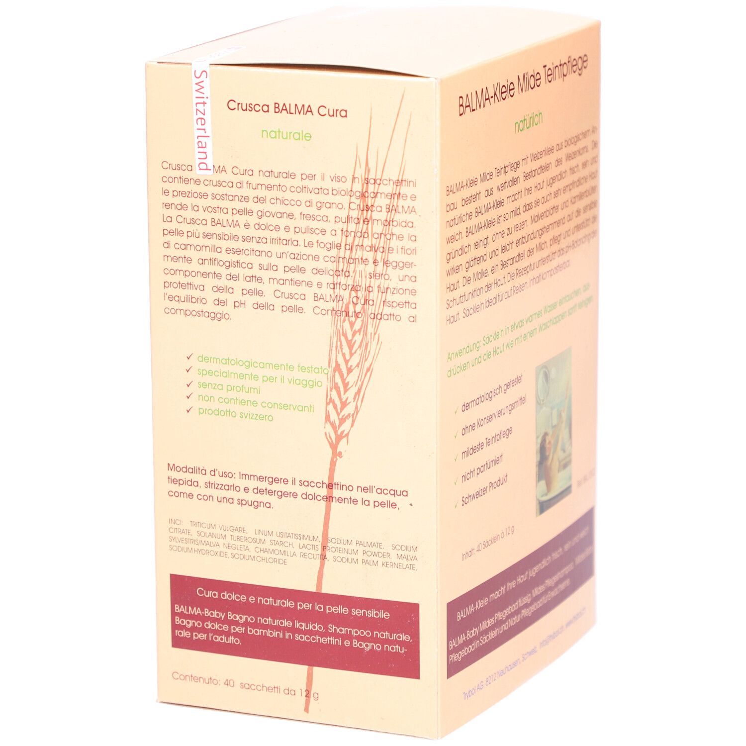 Seitenansicht der BALMA-Kleie-Verpackung. Text über die Inhaltsstoffe und Anwendung. Enthält 40 Sachets.