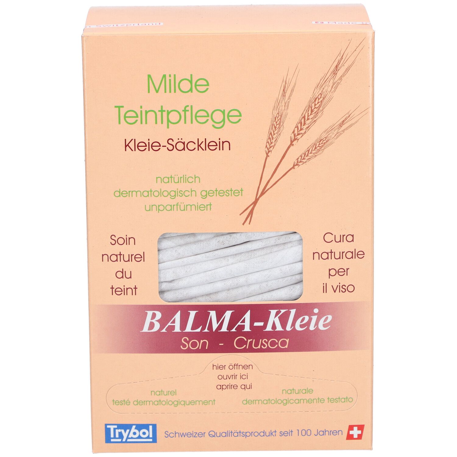 Karton mit BALMA-Kleie. Aufschrift: Milde Teintpflege, Kleie-Säcklein. Enthält 40 Beutel. Schweizer Qualitätsprodukt.