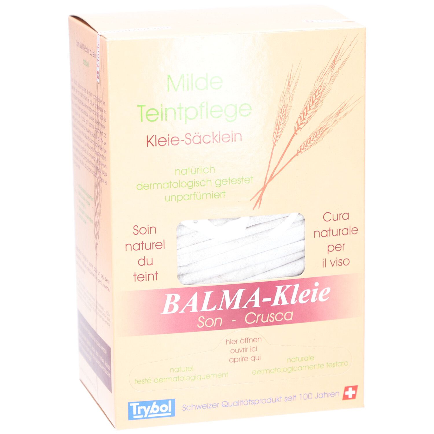 Karton mit BALMA-Kleie. Aufschrift: Milde Teintpflege, Kleie-Säcklein. Enthält 40 Beutel. Schweizer Qualitätsprodukt.