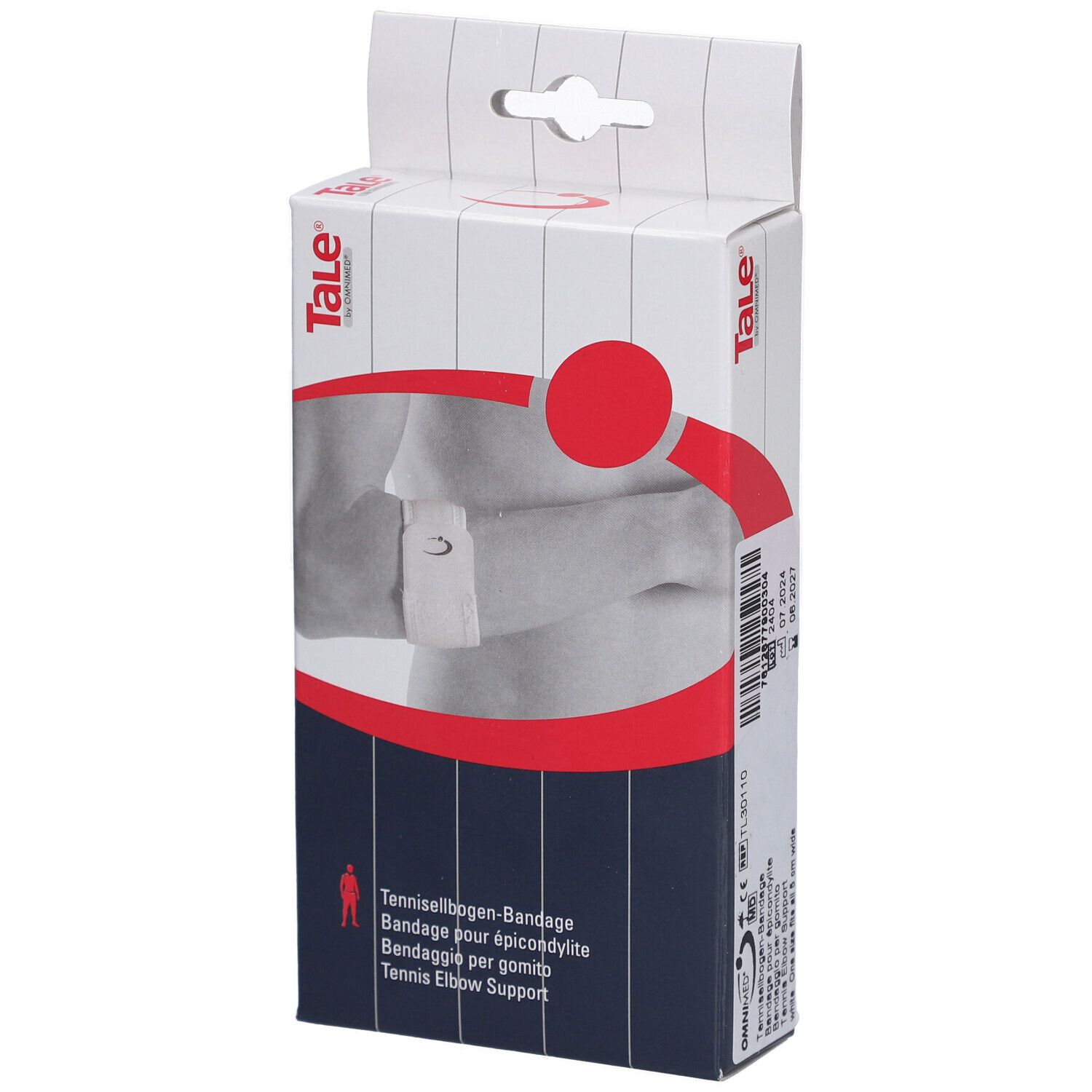 Verpackung der Tale Tennisellbogen-Bandage. Weißer Karton mit Produktabbildung und rotem Kreis.