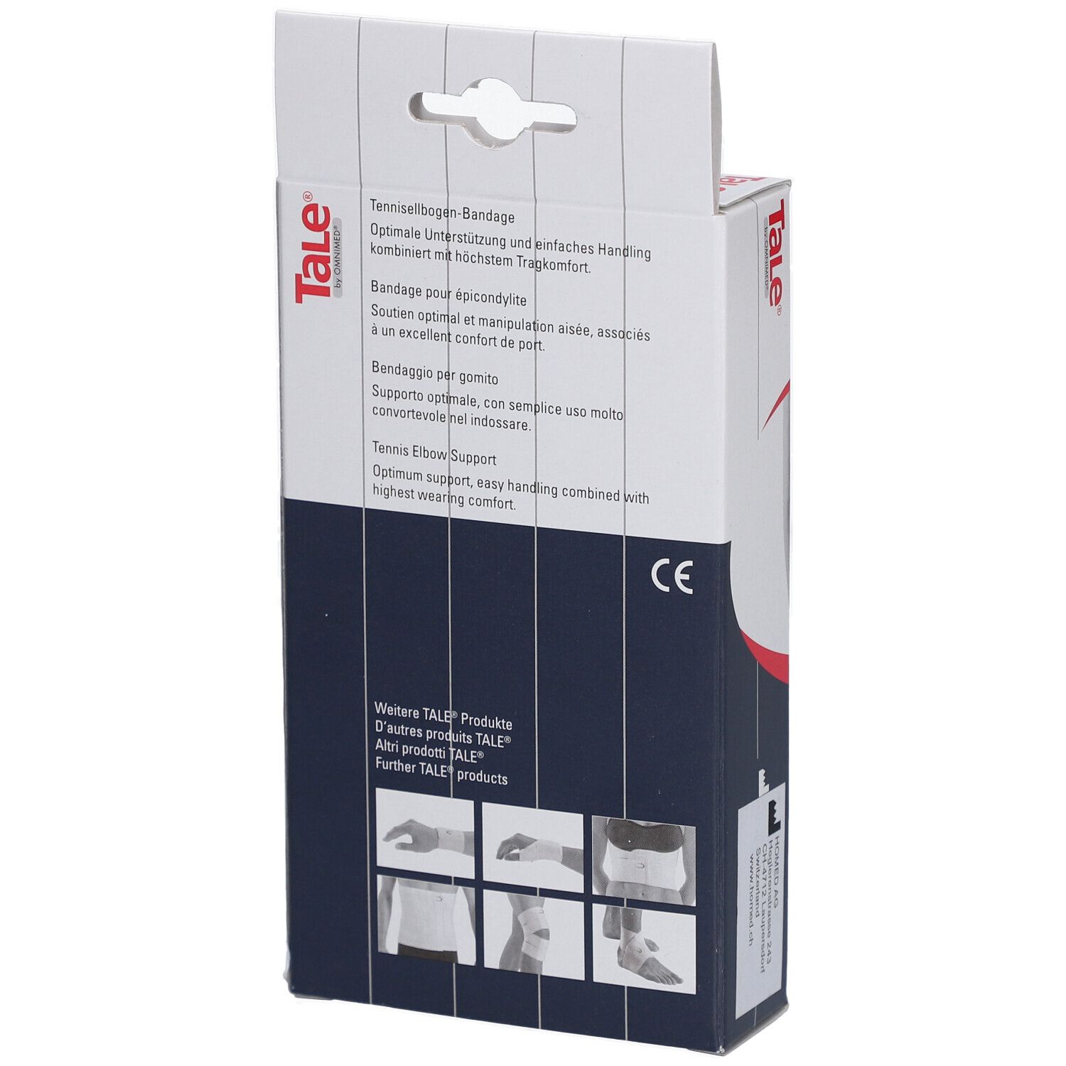 Rückseite der Tale Tennisellbogen-Bandage Verpackung. Text in mehreren Sprachen, CE-Zeichen.