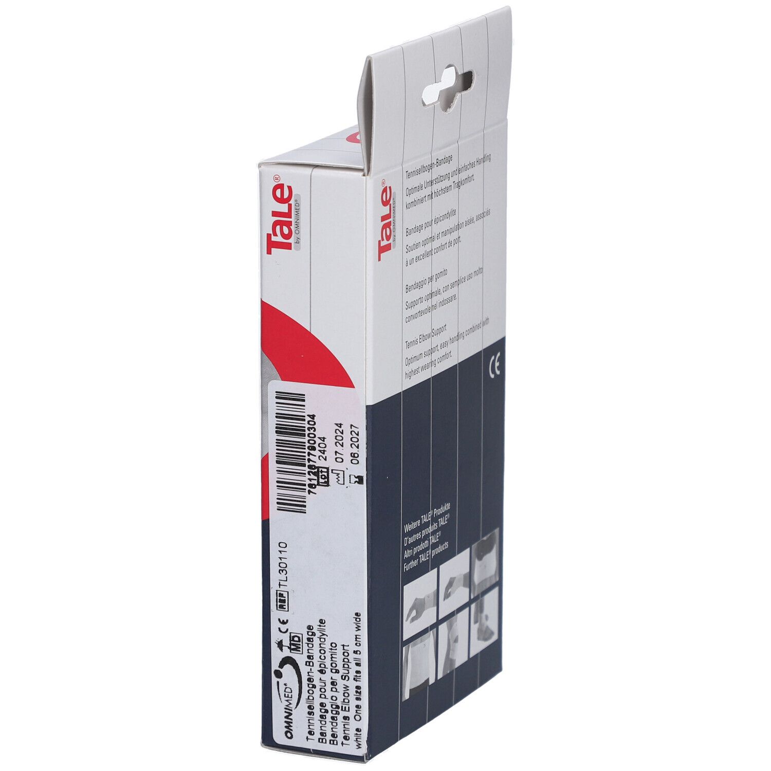 Seitenansicht der Tale Tennisellbogen-Bandage Verpackung. Text, Barcode, CE-Zeichen.