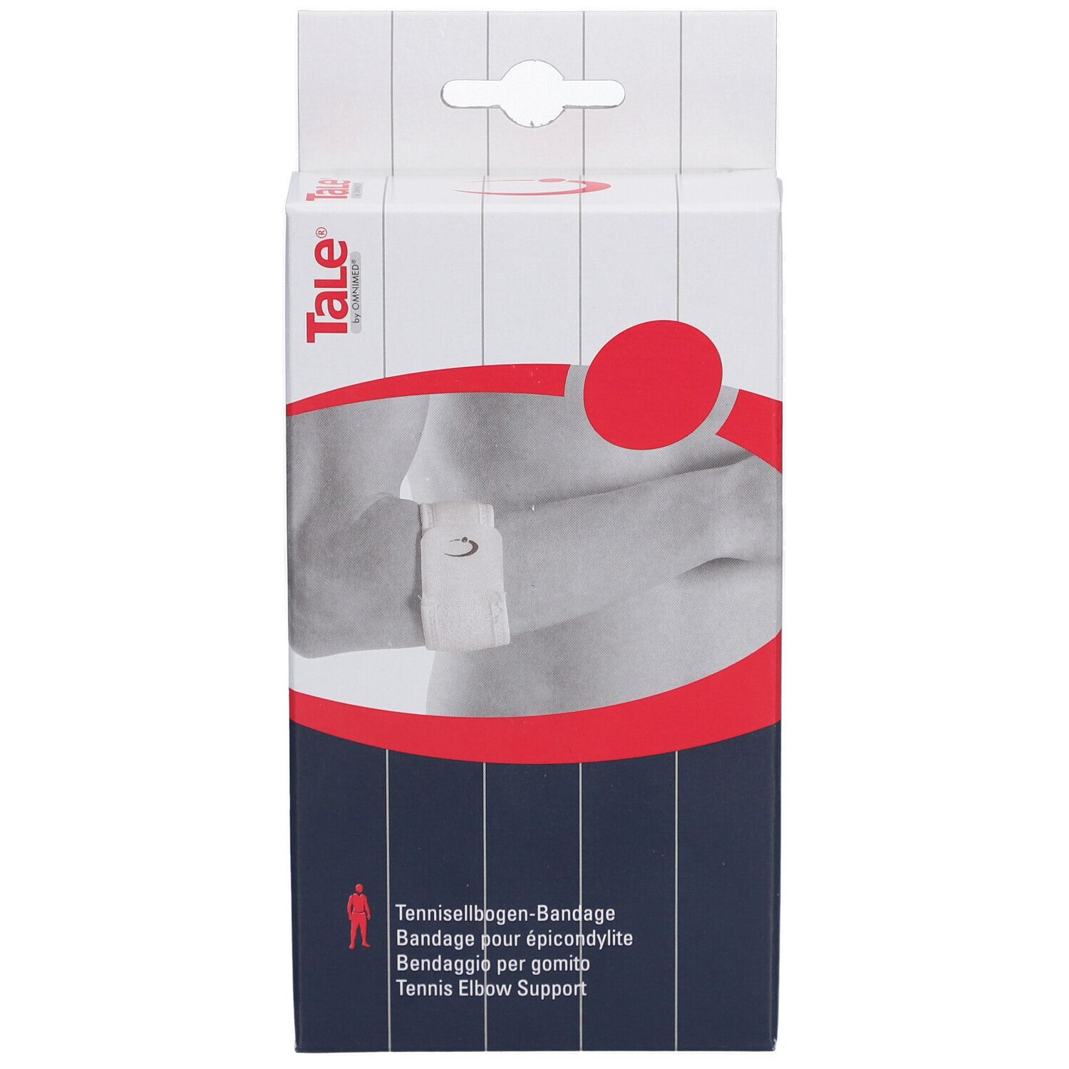 Vorderansicht der Tale Tennisellbogen-Bandage Verpackung. Weißer Karton mit Produktabbildung und rotem Kreis.